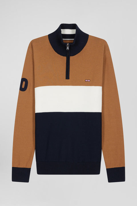 Regular camel embroidered semi-zipped colorblock cotton jumper - Image 2