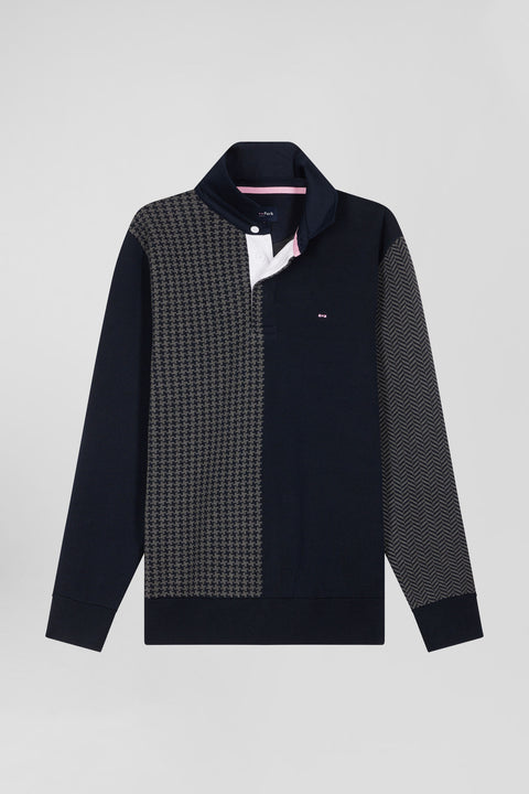 Regular navy blue cotton jumper with houndstooth jacquard and rugby shirt collar - Image 2