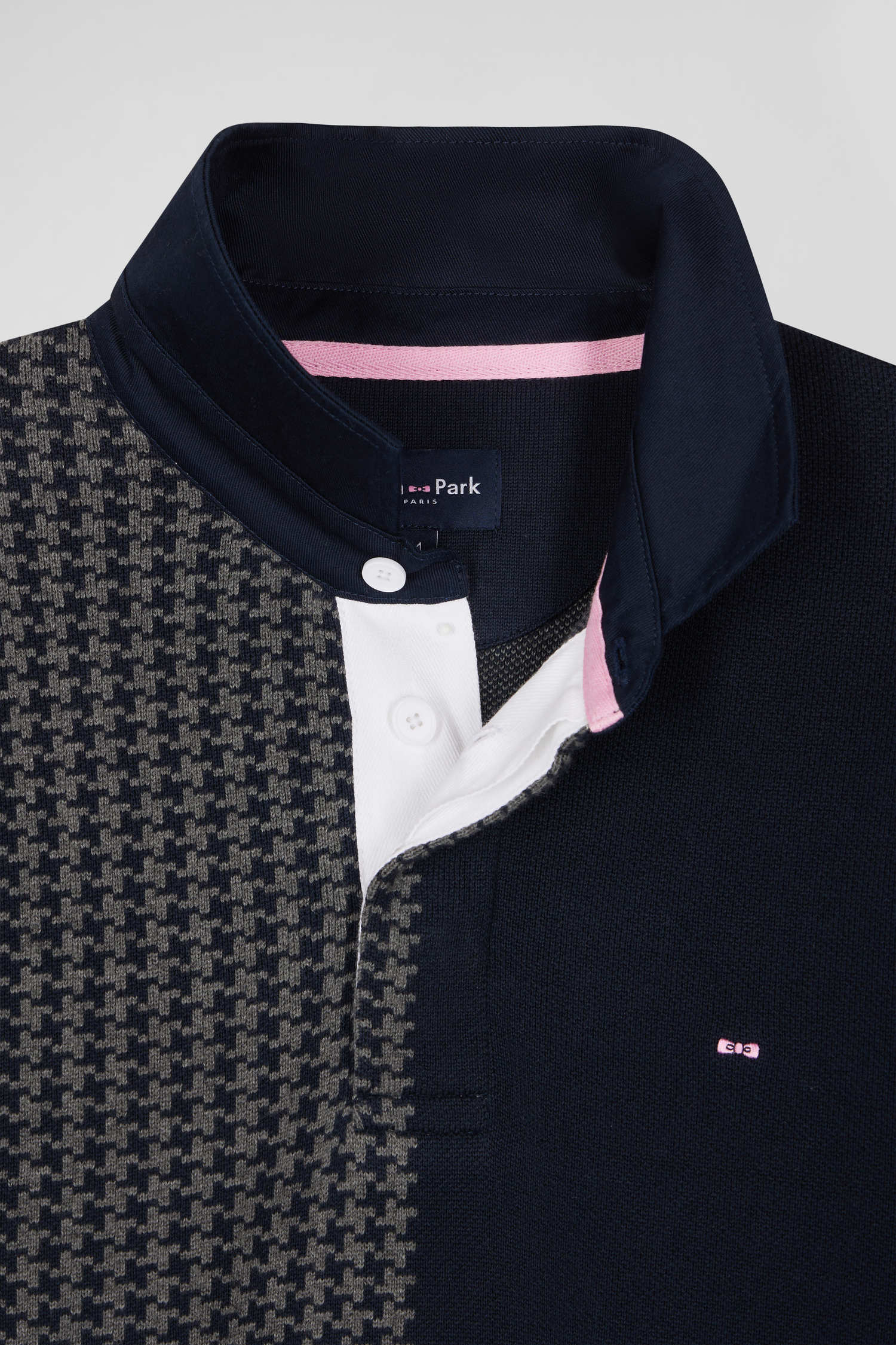 Regular navy blue cotton jumper with houndstooth jacquard and rugby shirt collar