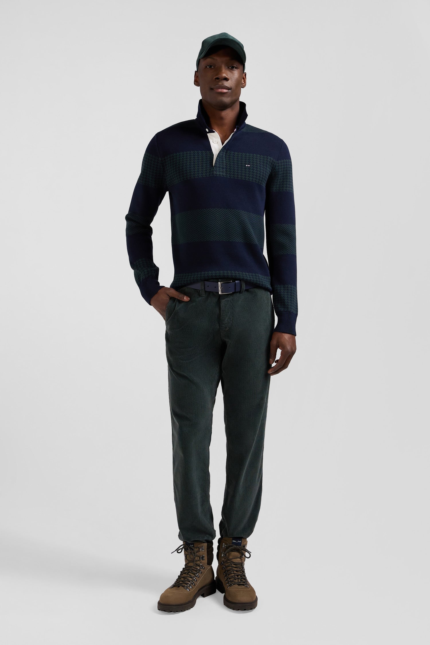 Regular green striped cotton jersey jumper with houndstooth jacquard and and rugby shirt collar