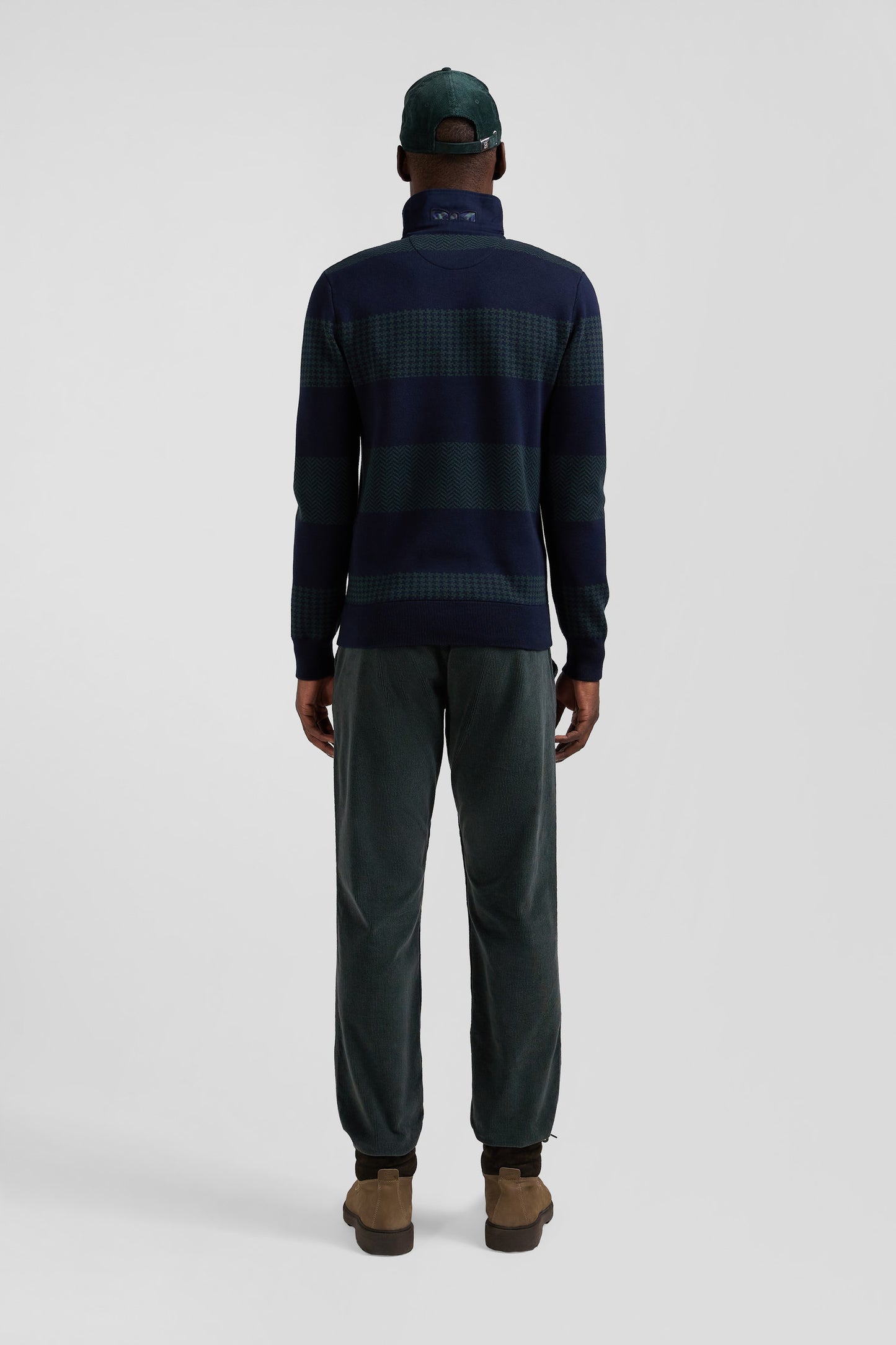 Regular green striped cotton jersey jumper with houndstooth jacquard and and rugby shirt collar