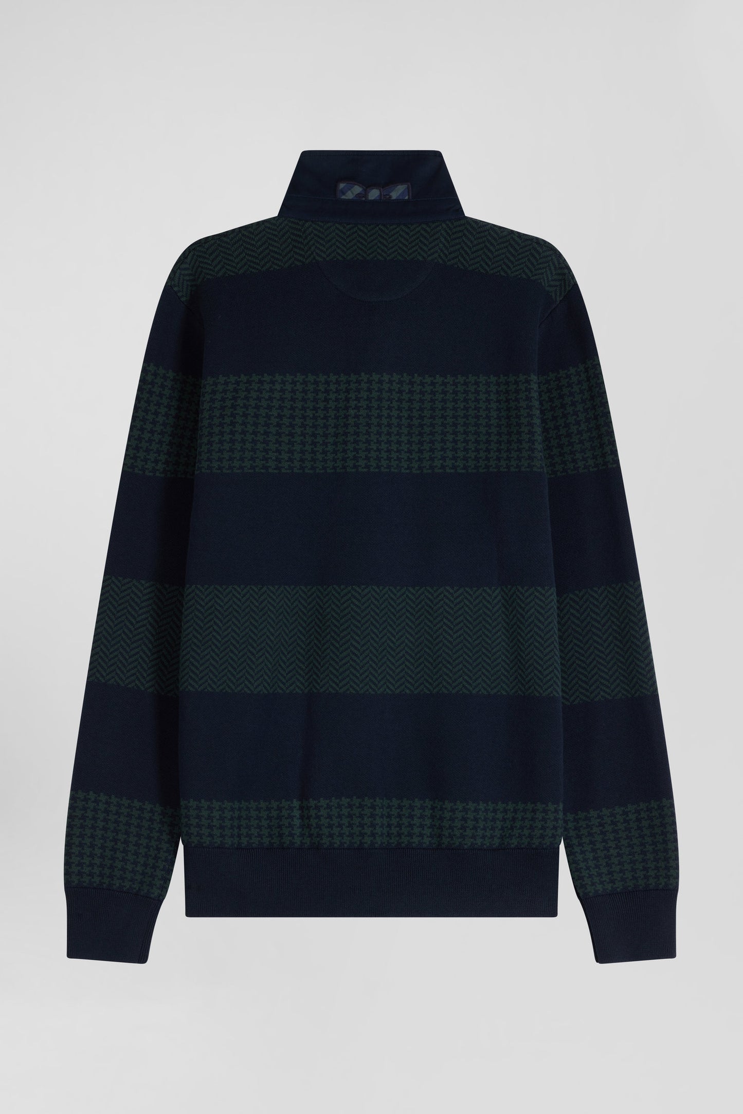 Regular green striped cotton jersey jumper with houndstooth jacquard and and rugby shirt collar