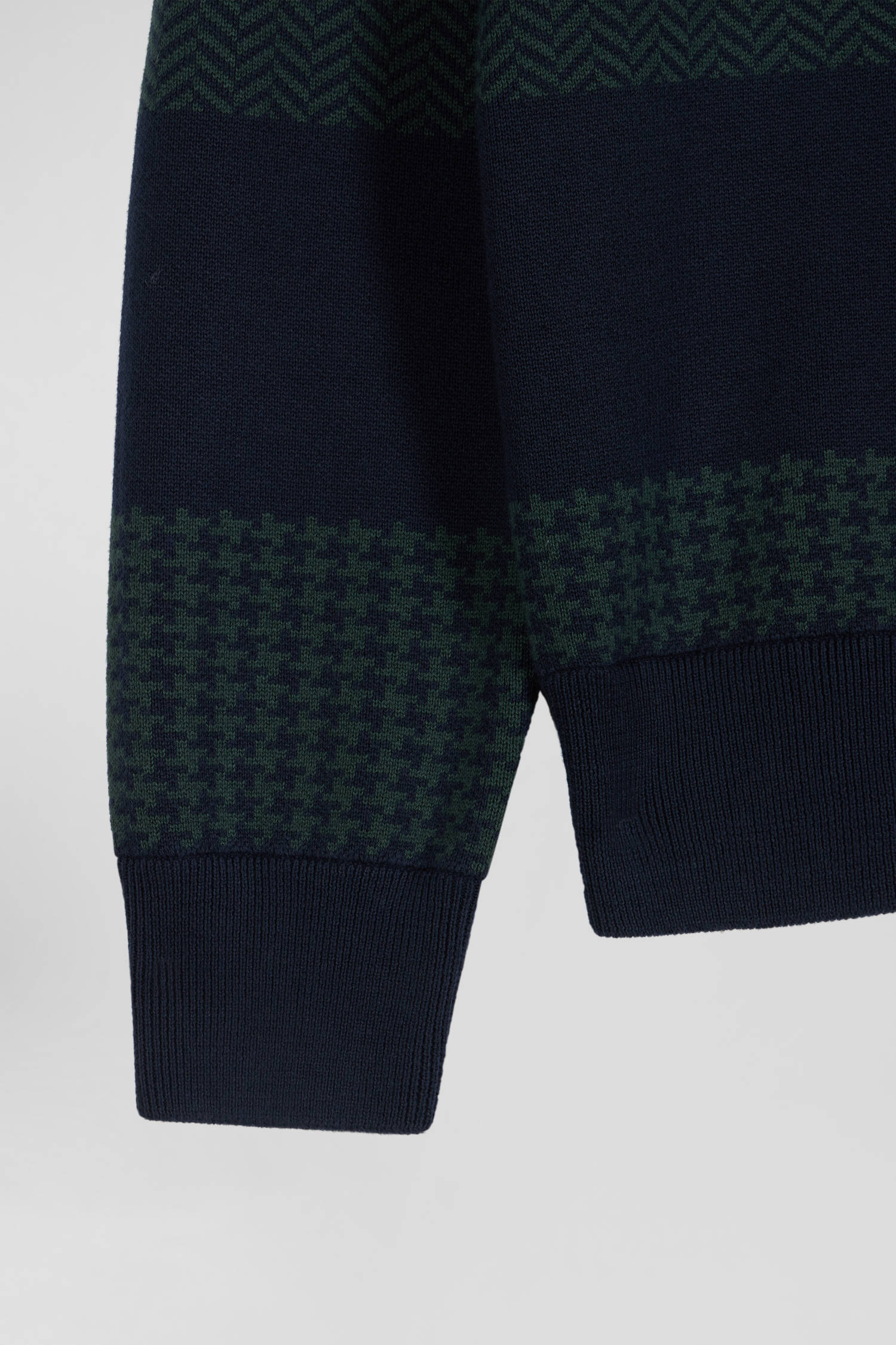 Regular green striped cotton jersey jumper with houndstooth jacquard and and rugby shirt collar