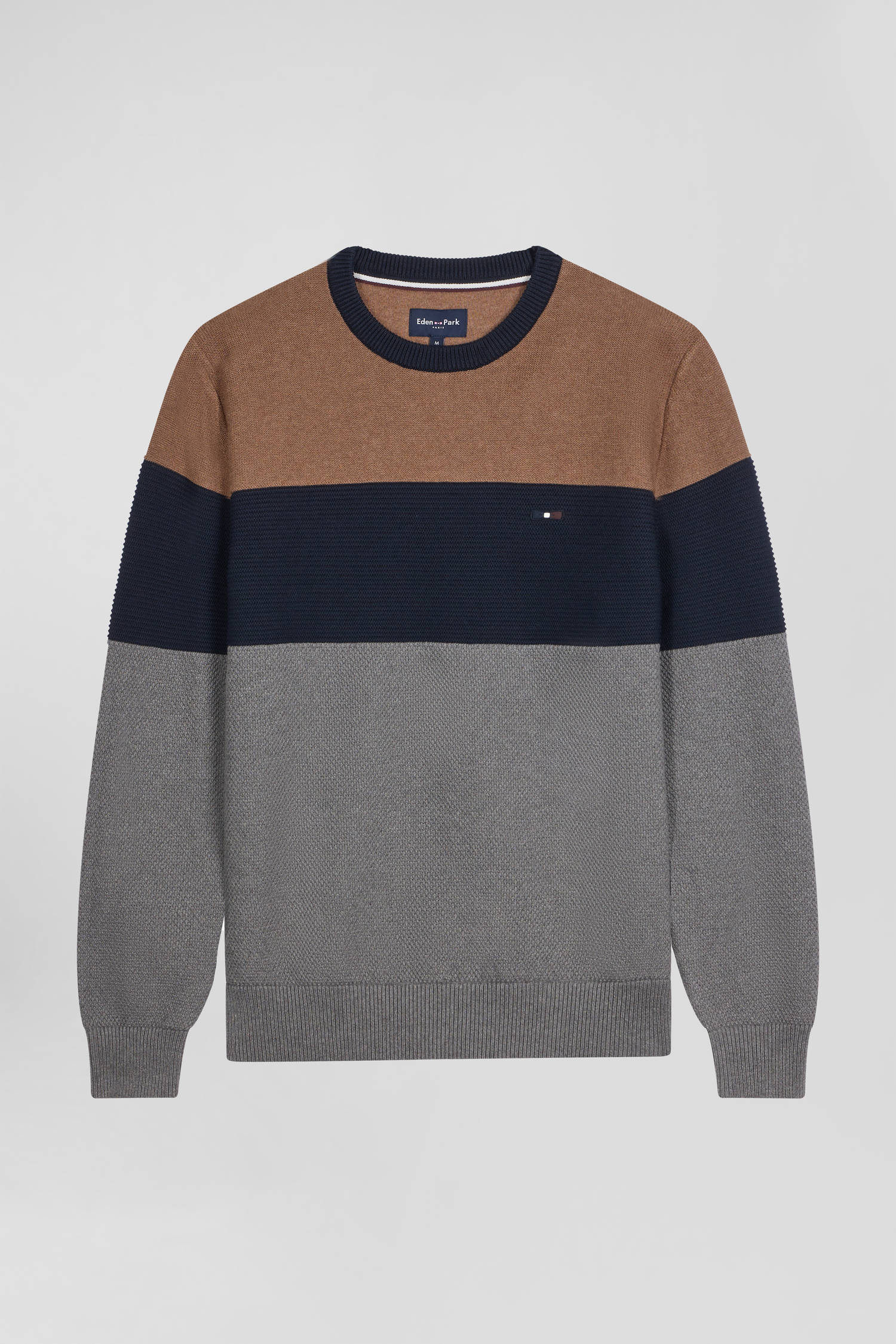 Regular grey and camel cotton crew neck jumper with knit patterns