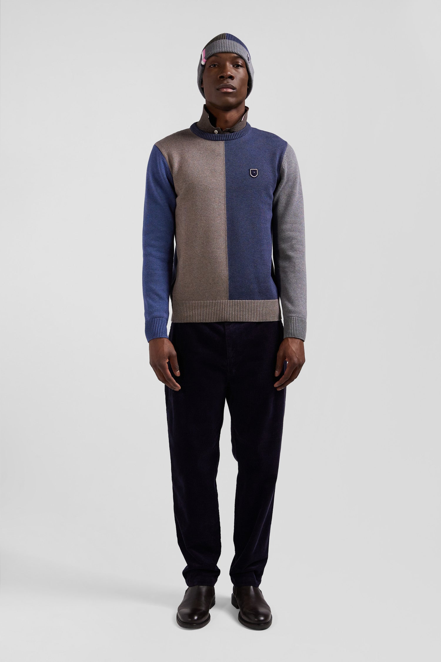 Regular navy and brown colourblock cotton crew neck jumper