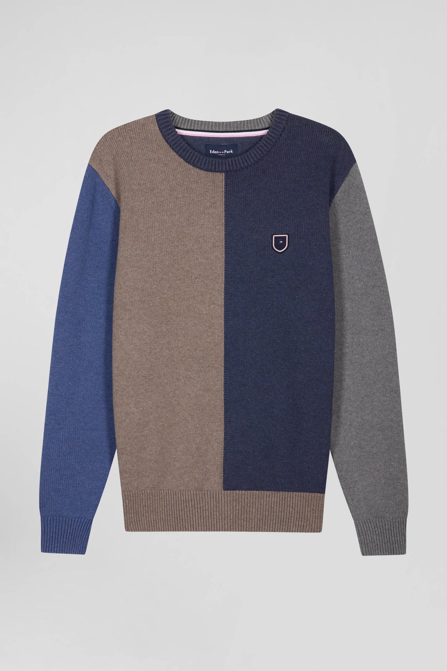 Regular navy and brown colourblock cotton crew neck jumper