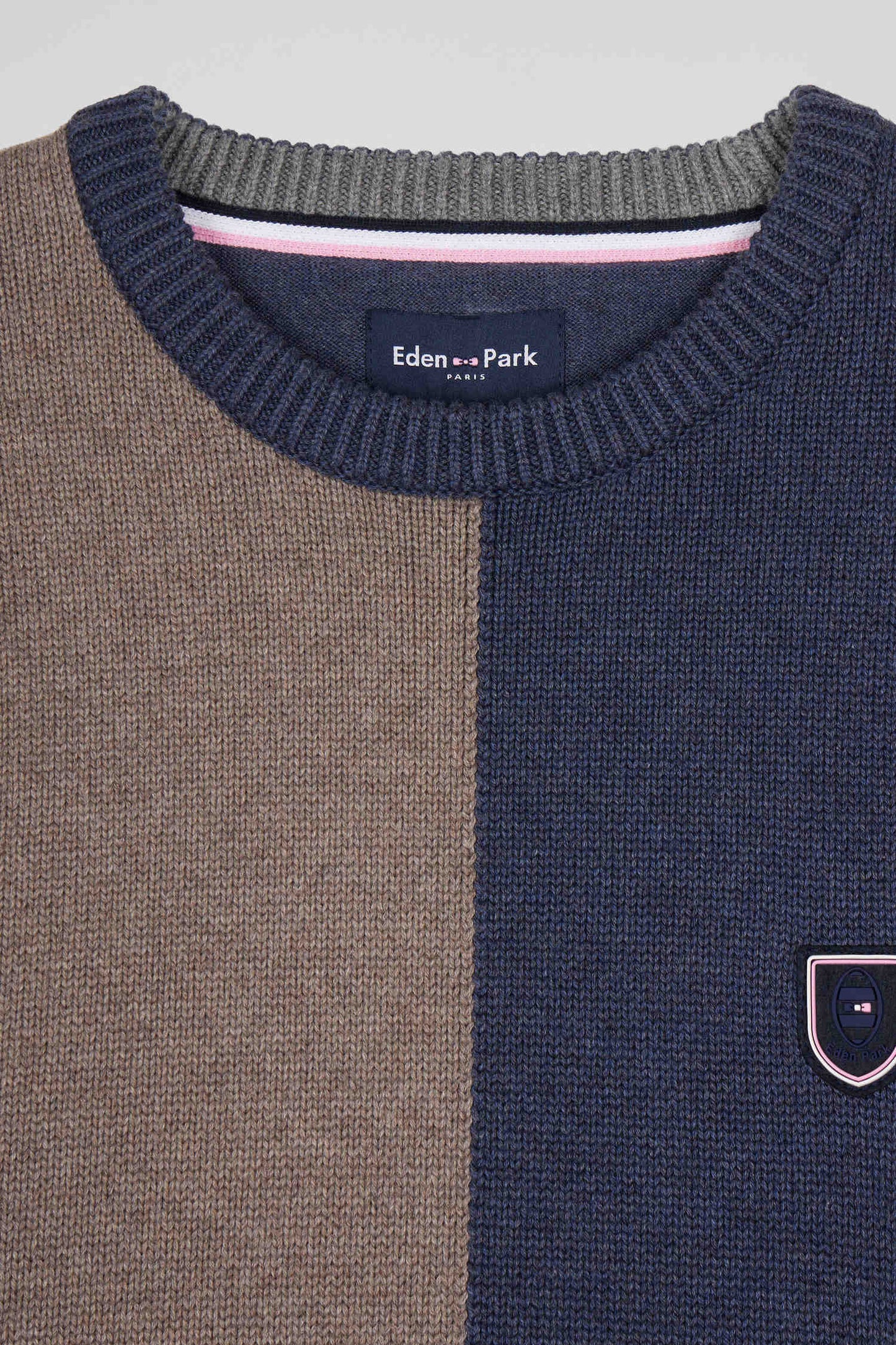 Regular navy and brown colourblock cotton crew neck jumper