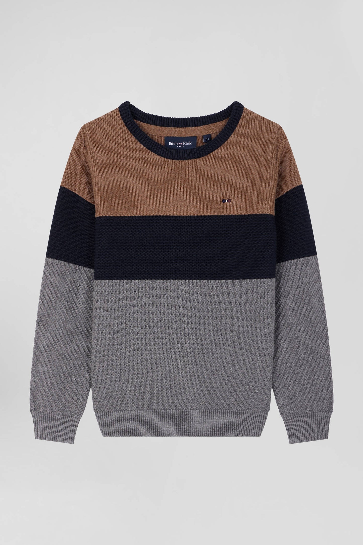 Regular camel tricolour cotton crew neck jumper