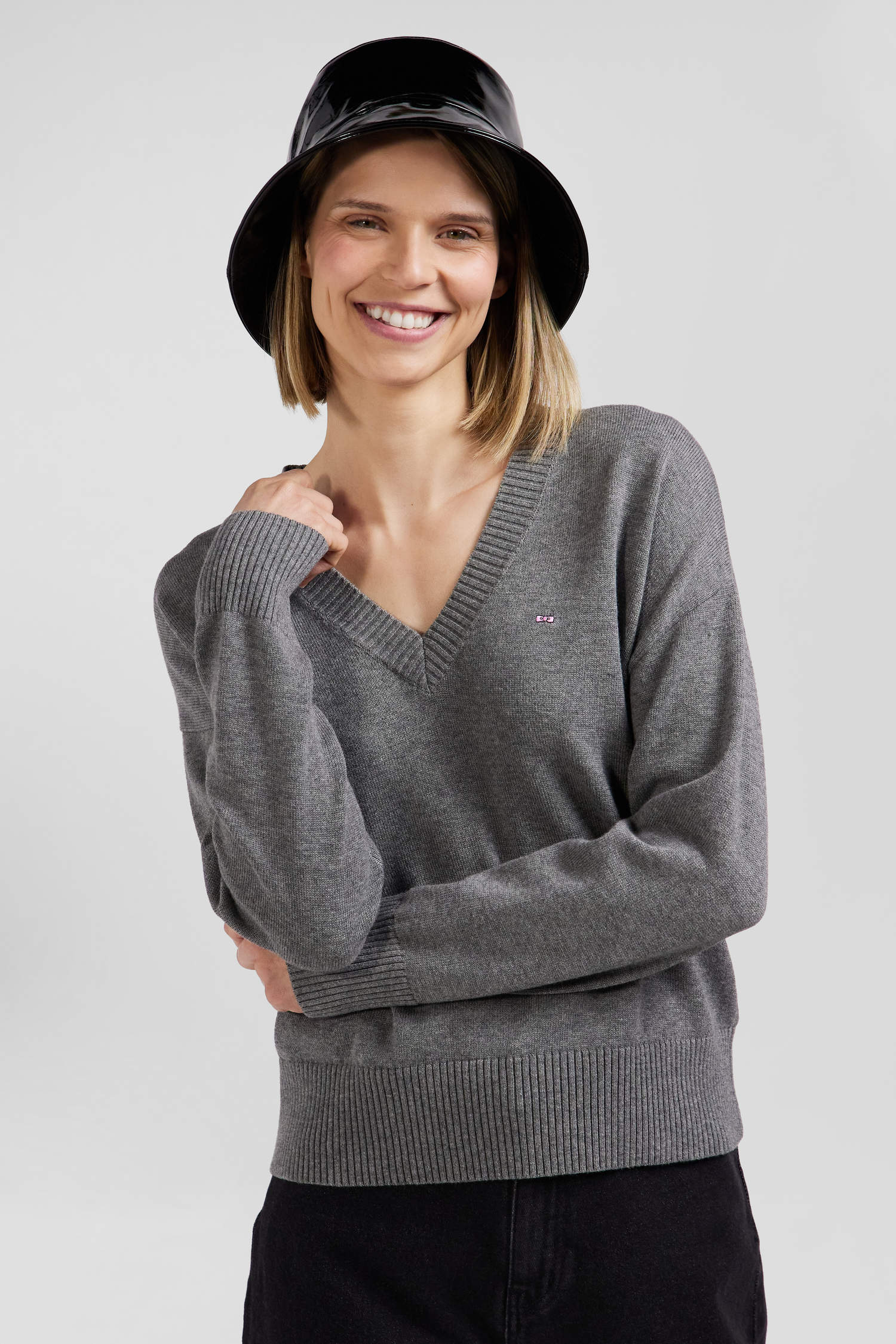 Pull col V en laine et coton gris clair coupe Relaxed