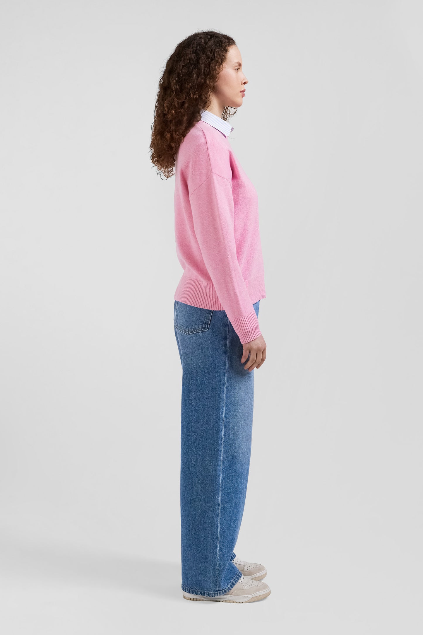 Pull col rond en laine et coton rose coupe Relaxed