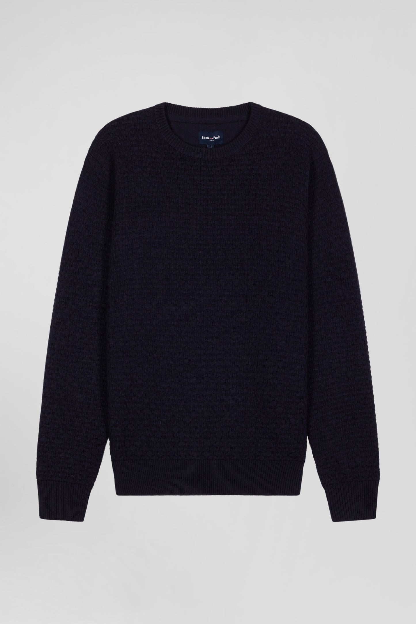 Regular navy blue wool and cotton crew neck jumper with micro bow tie effect