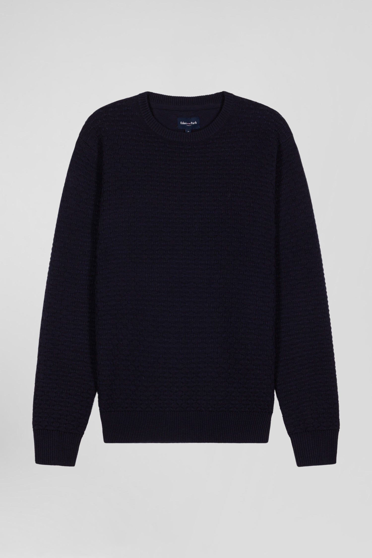 Regular navy blue wool and cotton crew neck jumper with micro bow tie effect