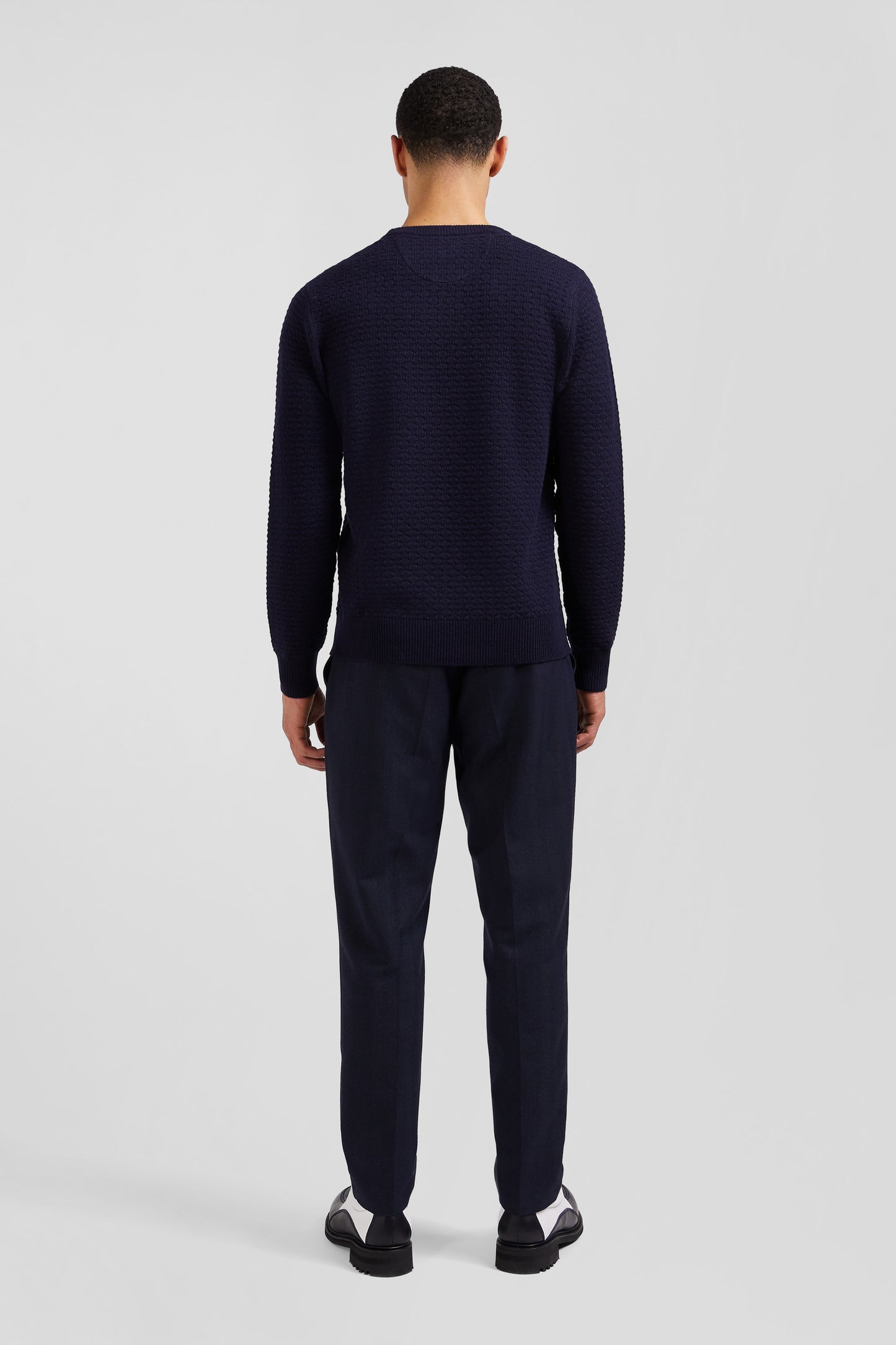 Regular navy blue wool and cotton crew neck jumper with micro bow tie effect