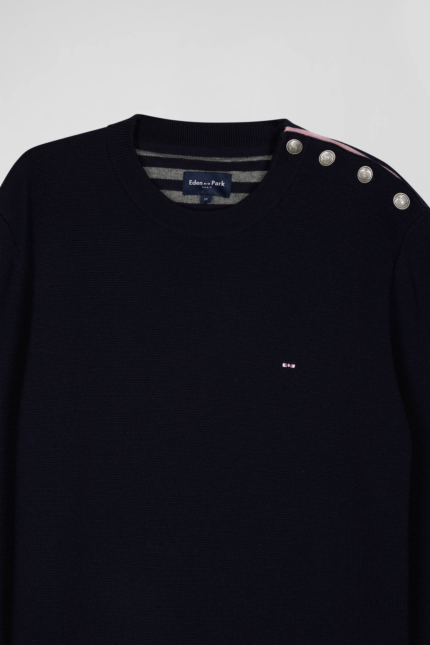 Regular navy blue crew neck jumper with shoulder buttons