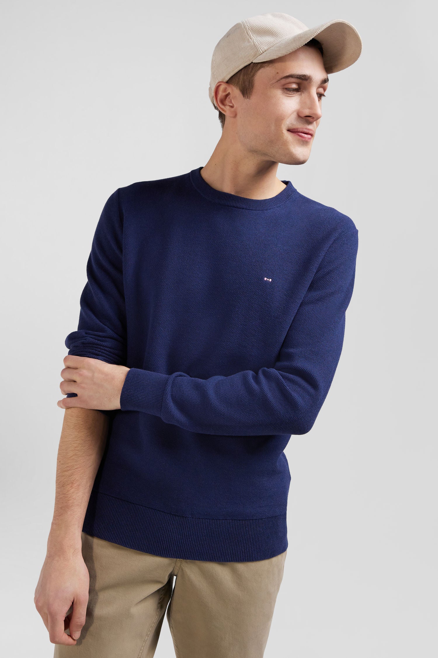 Regular dark blue cotton crew neck jumper