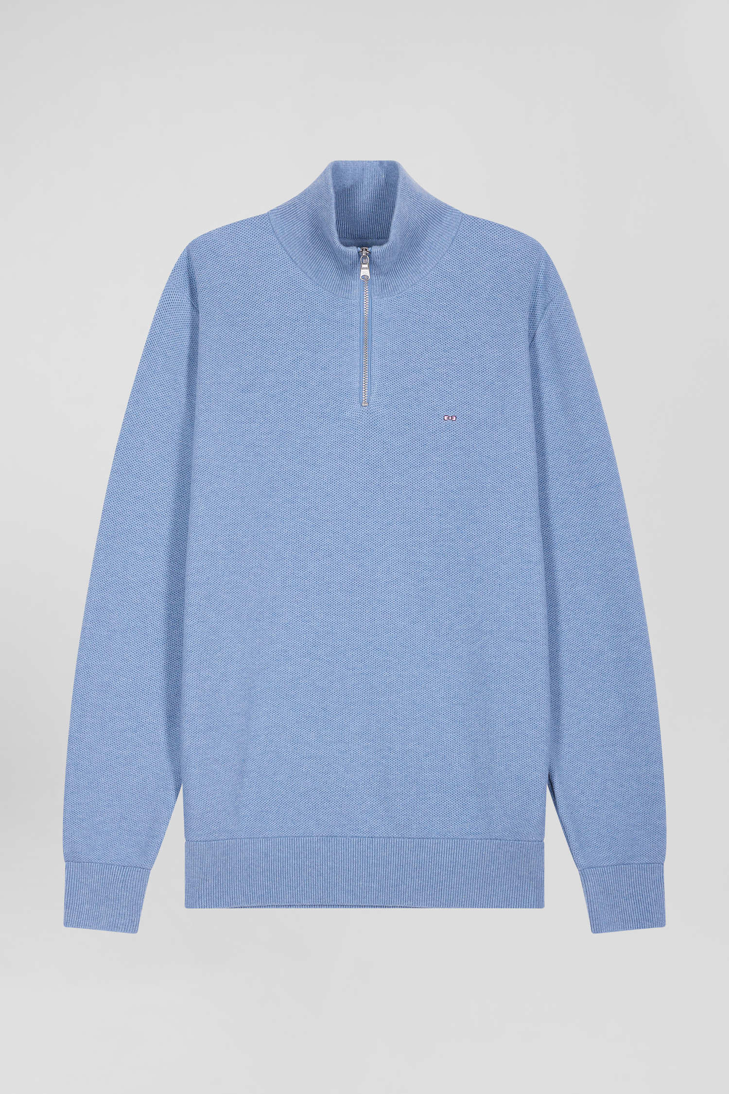 Regular sky blue cotton semi-zipped jumper