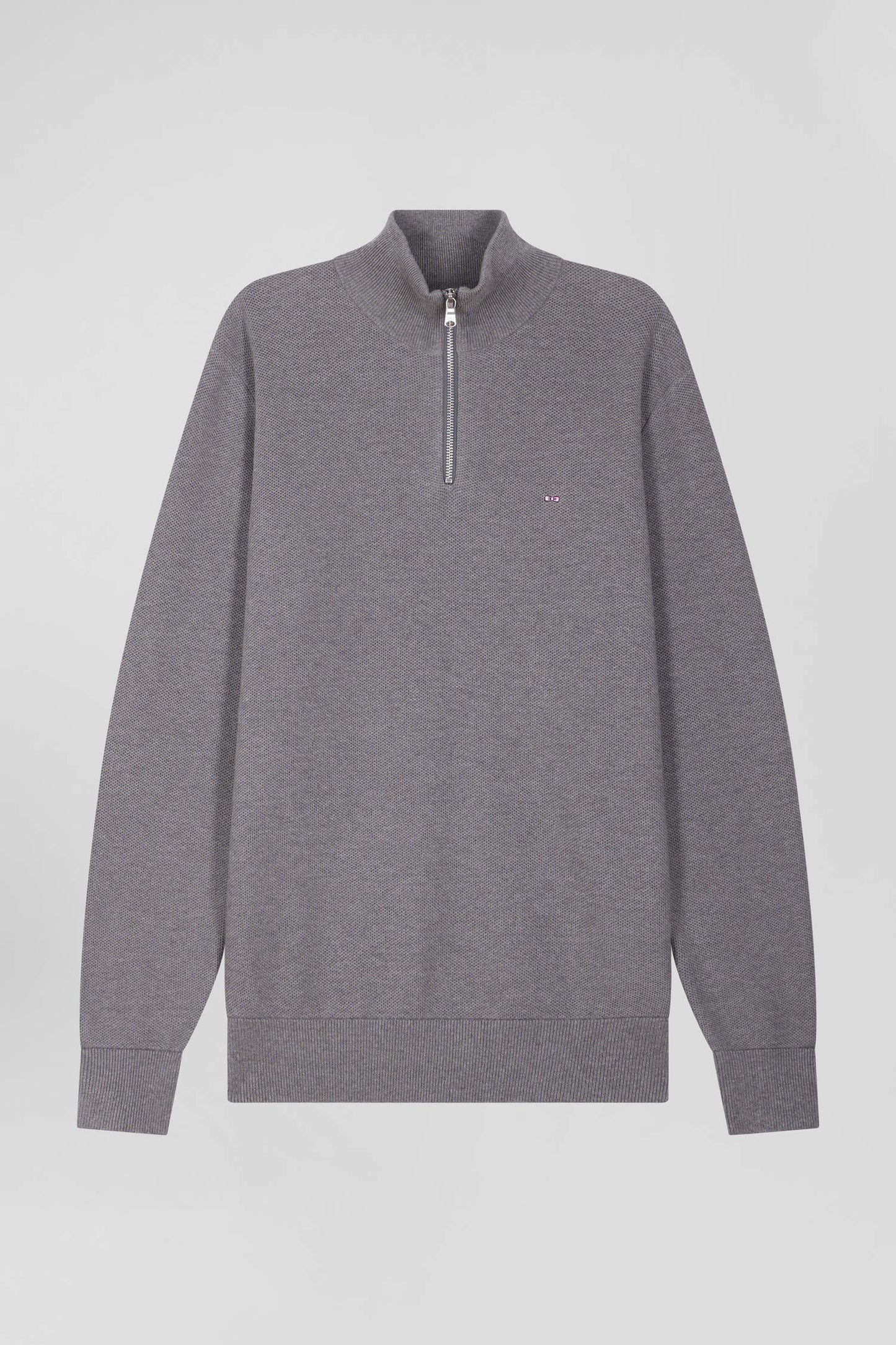 Regular grey cotton semi-zipped jumper