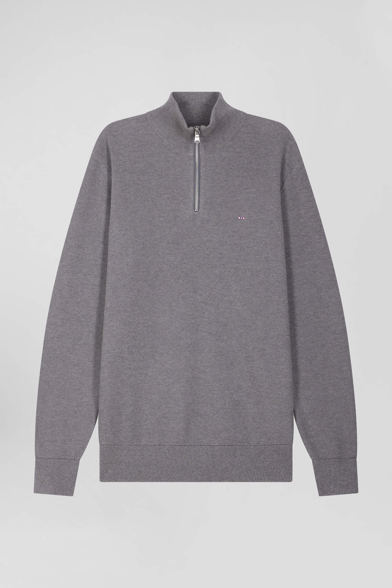 Regular grey cotton semi-zipped jumper