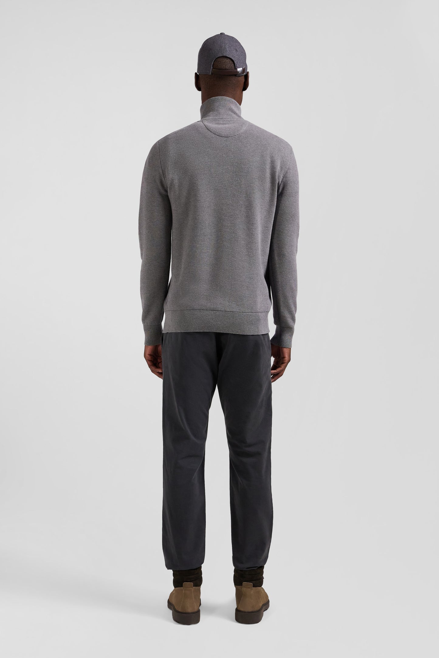 Regular grey cotton semi-zipped jumper