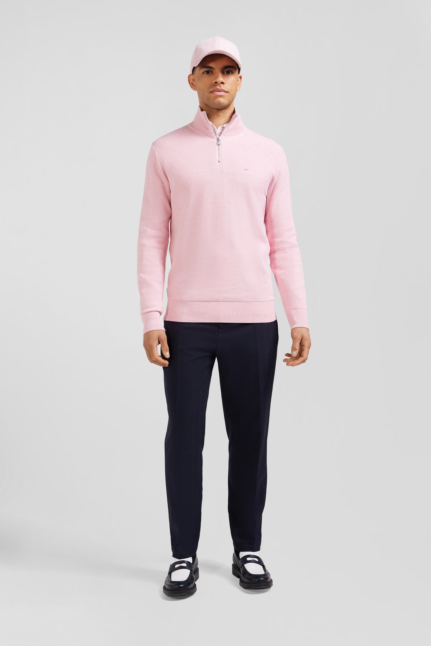 Regular pink cotton semi-zipped jumper