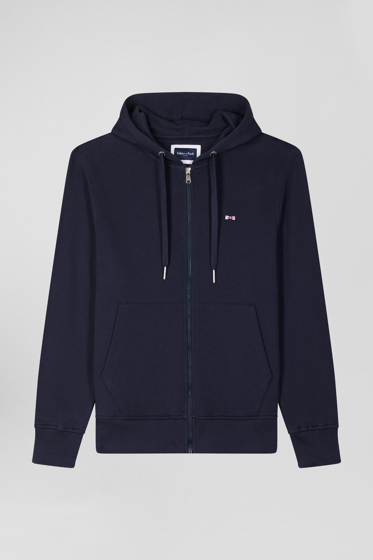 Regular navy blue zipped brushed cotton fleece hoodie