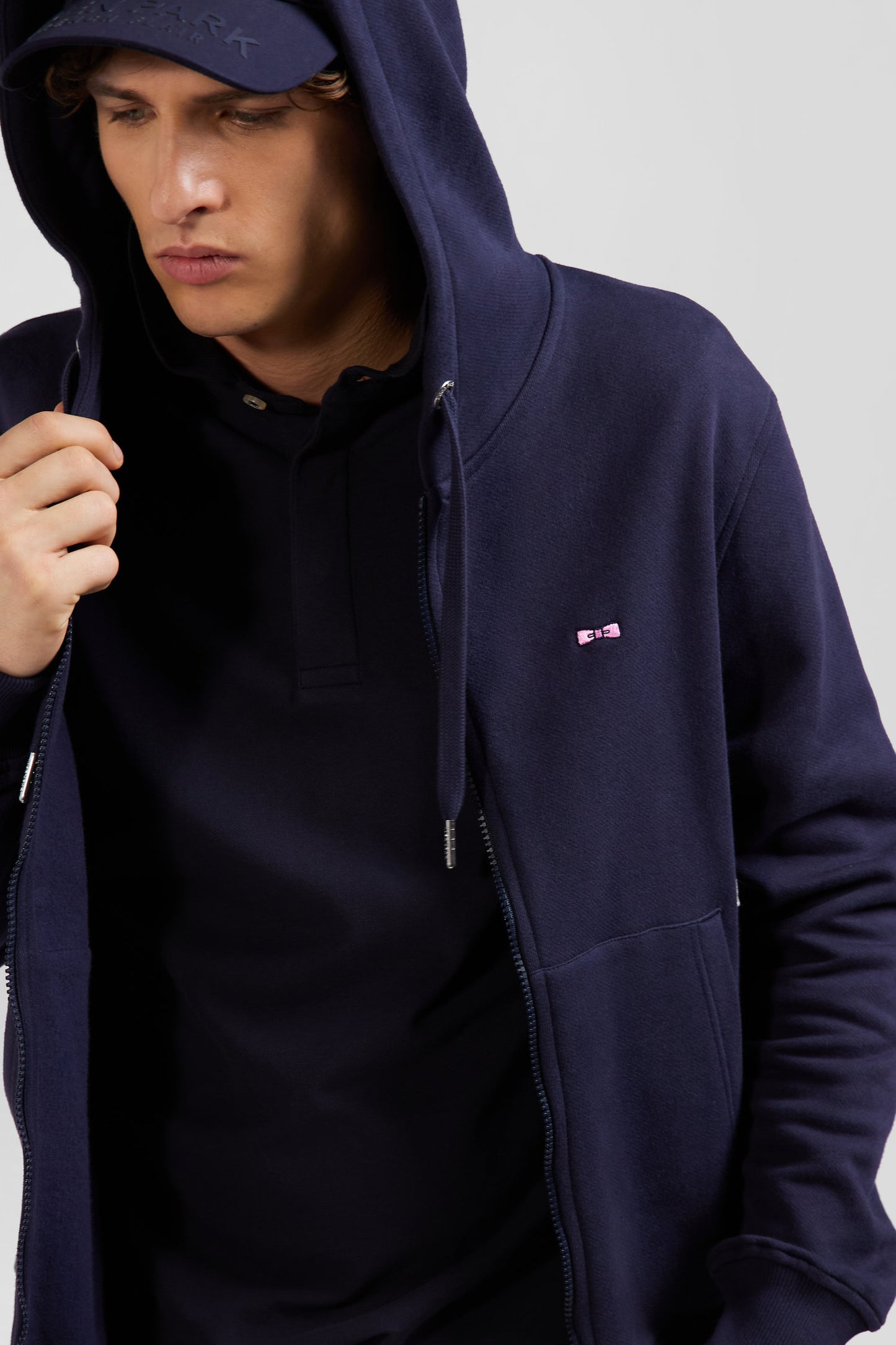 Regular navy blue zipped brushed cotton fleece hoodie