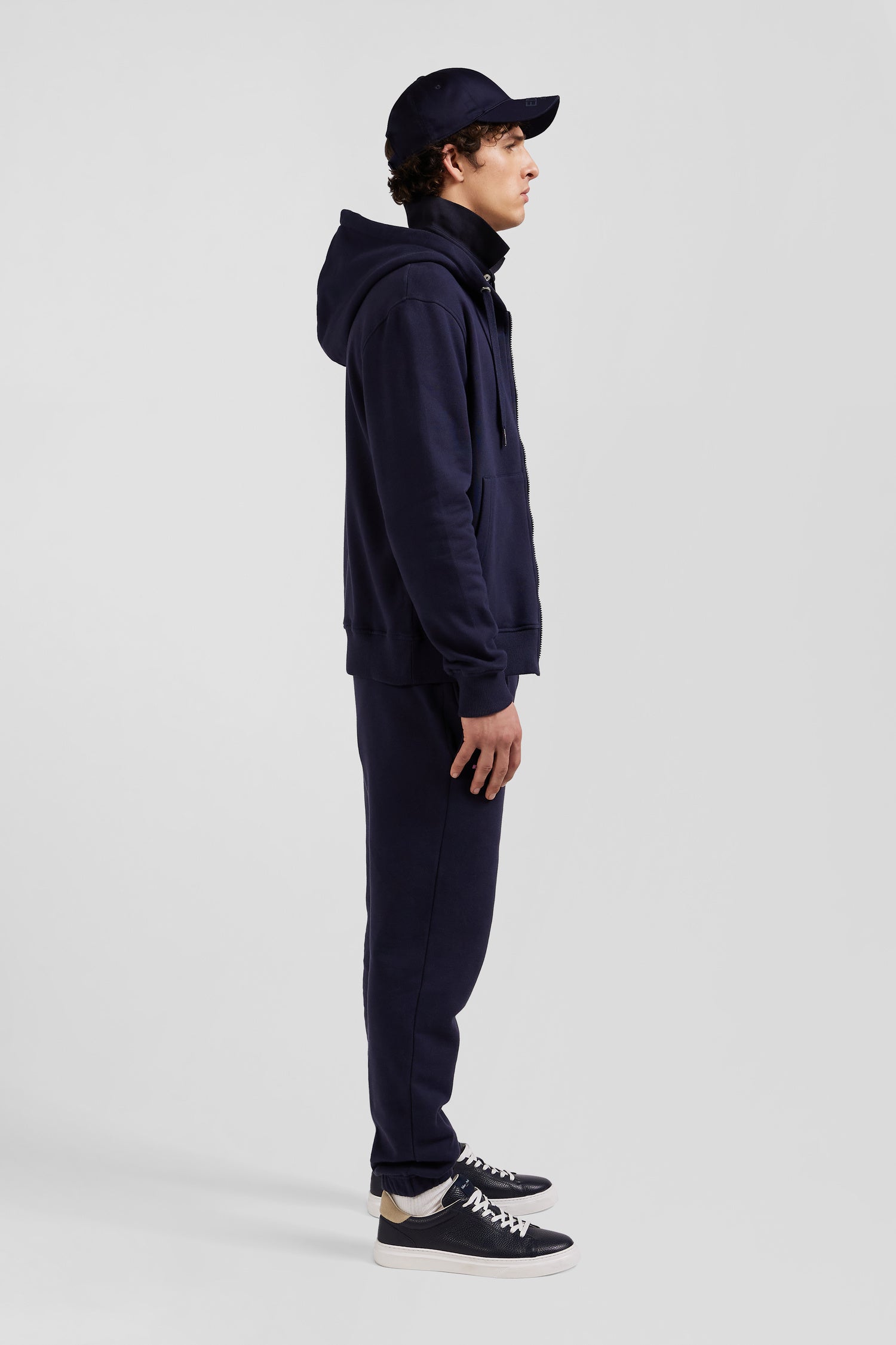 Regular navy blue zipped brushed cotton fleece hoodie