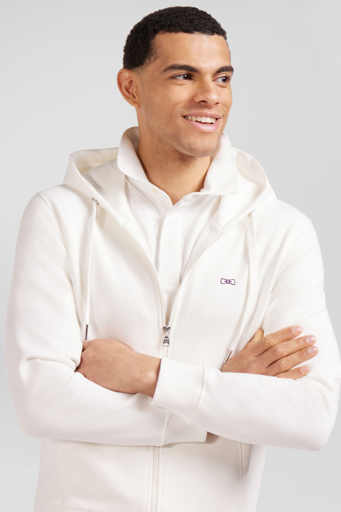 Regular ecru zipped brushed cotton fleece hoodie