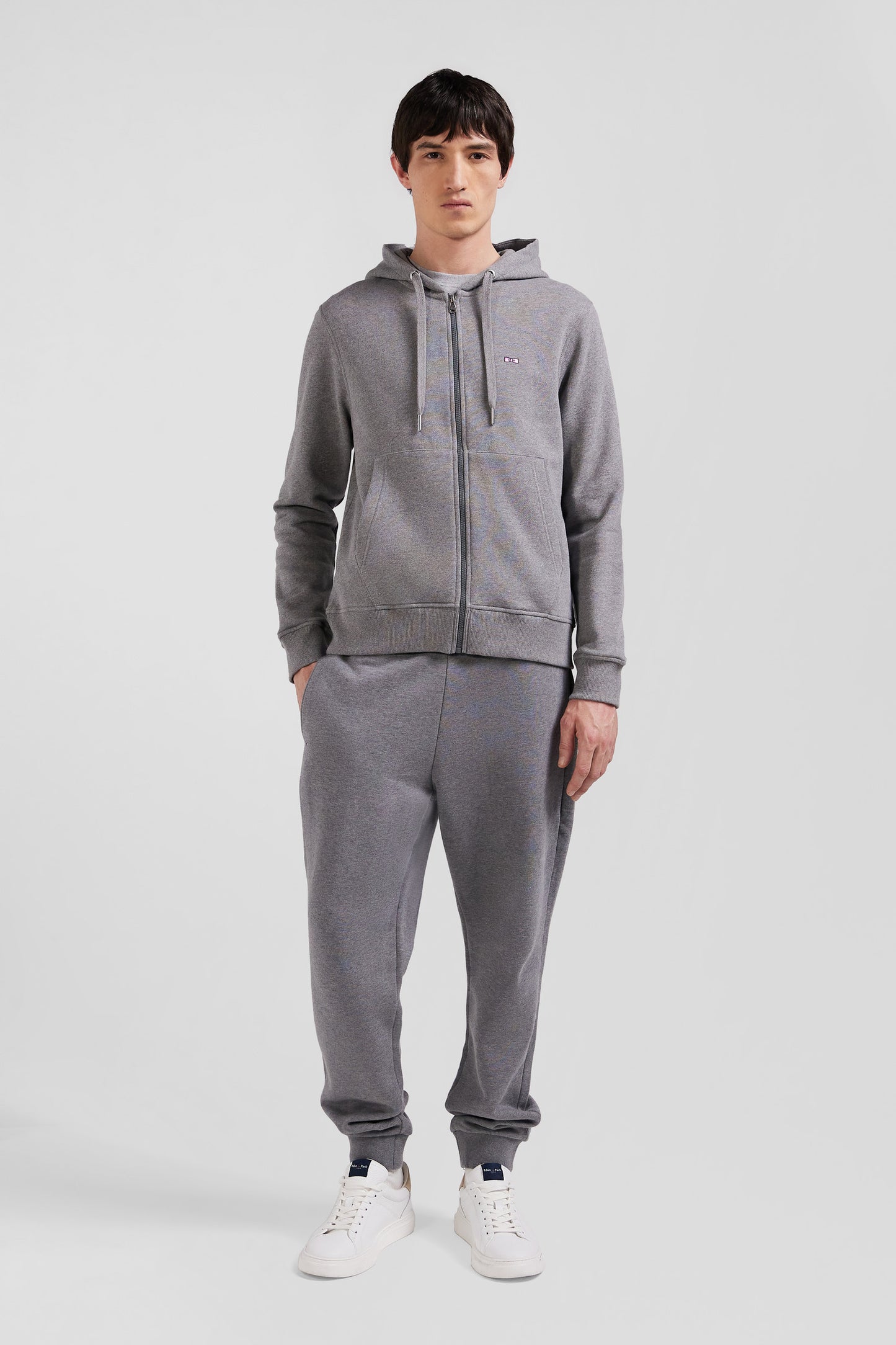 Regular grey zipped brushed cotton fleece hoodie