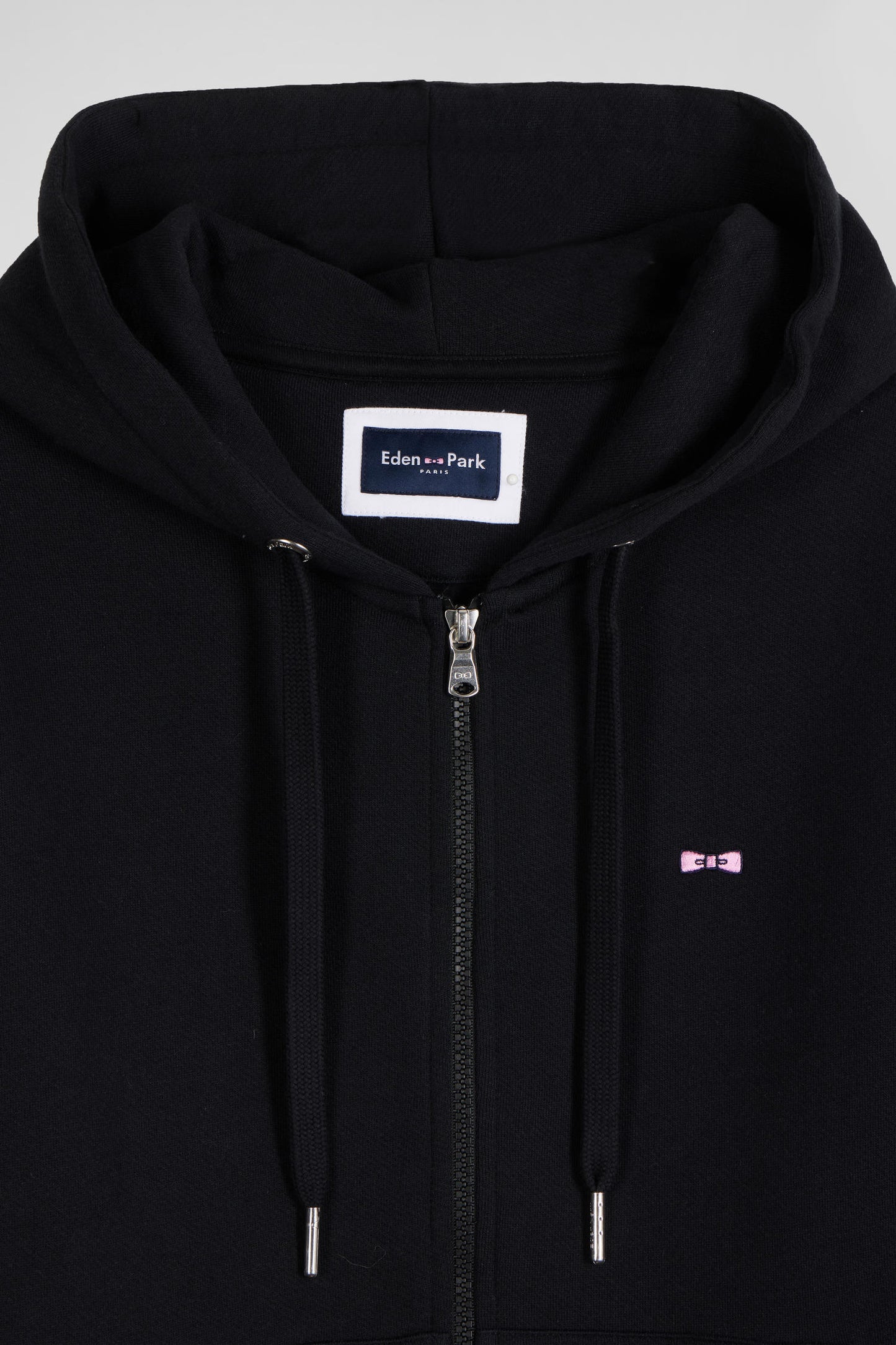 Regular black zipped brushed cotton fleece hoodie