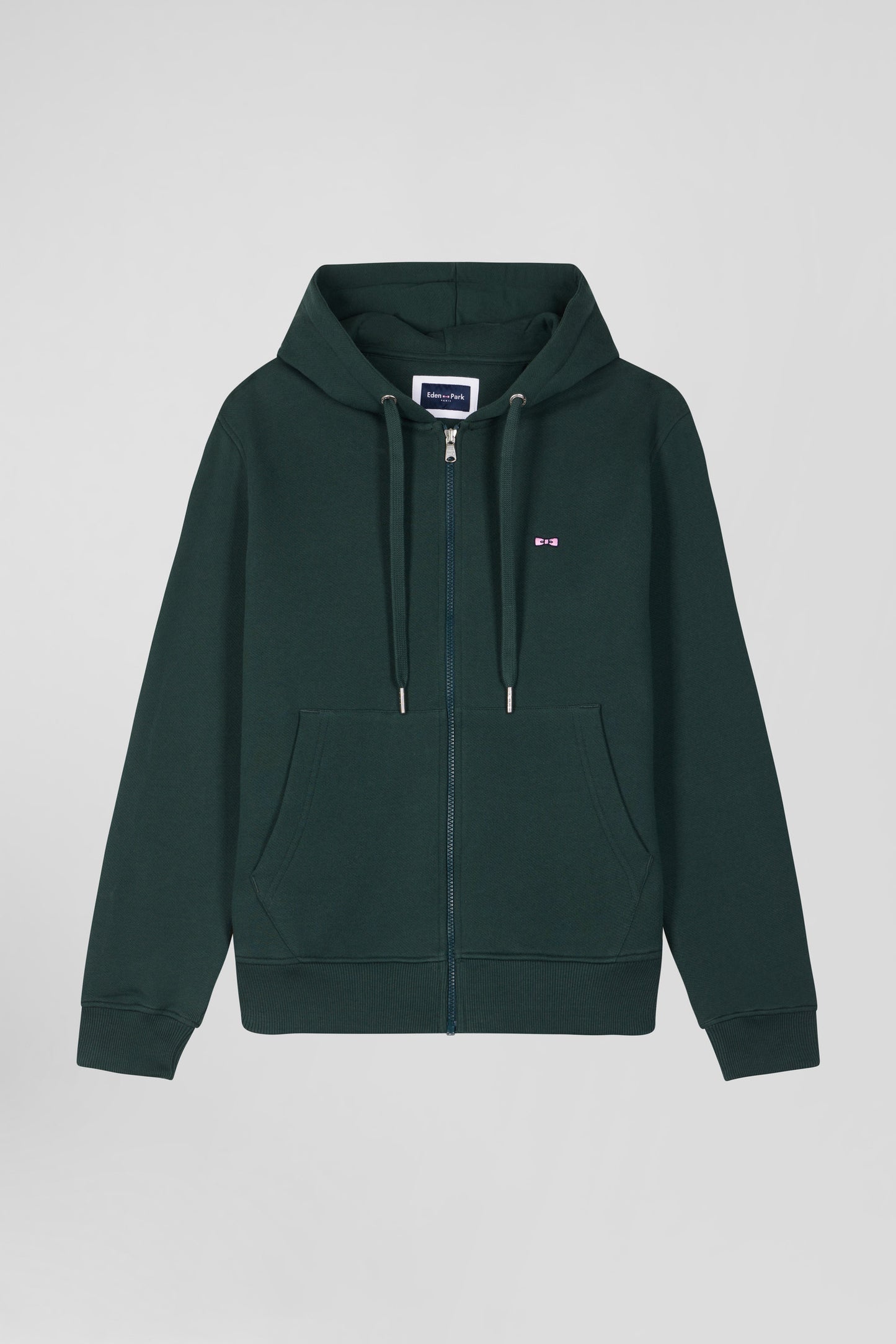 Regular green zipped brushed cotton fleece hoodie