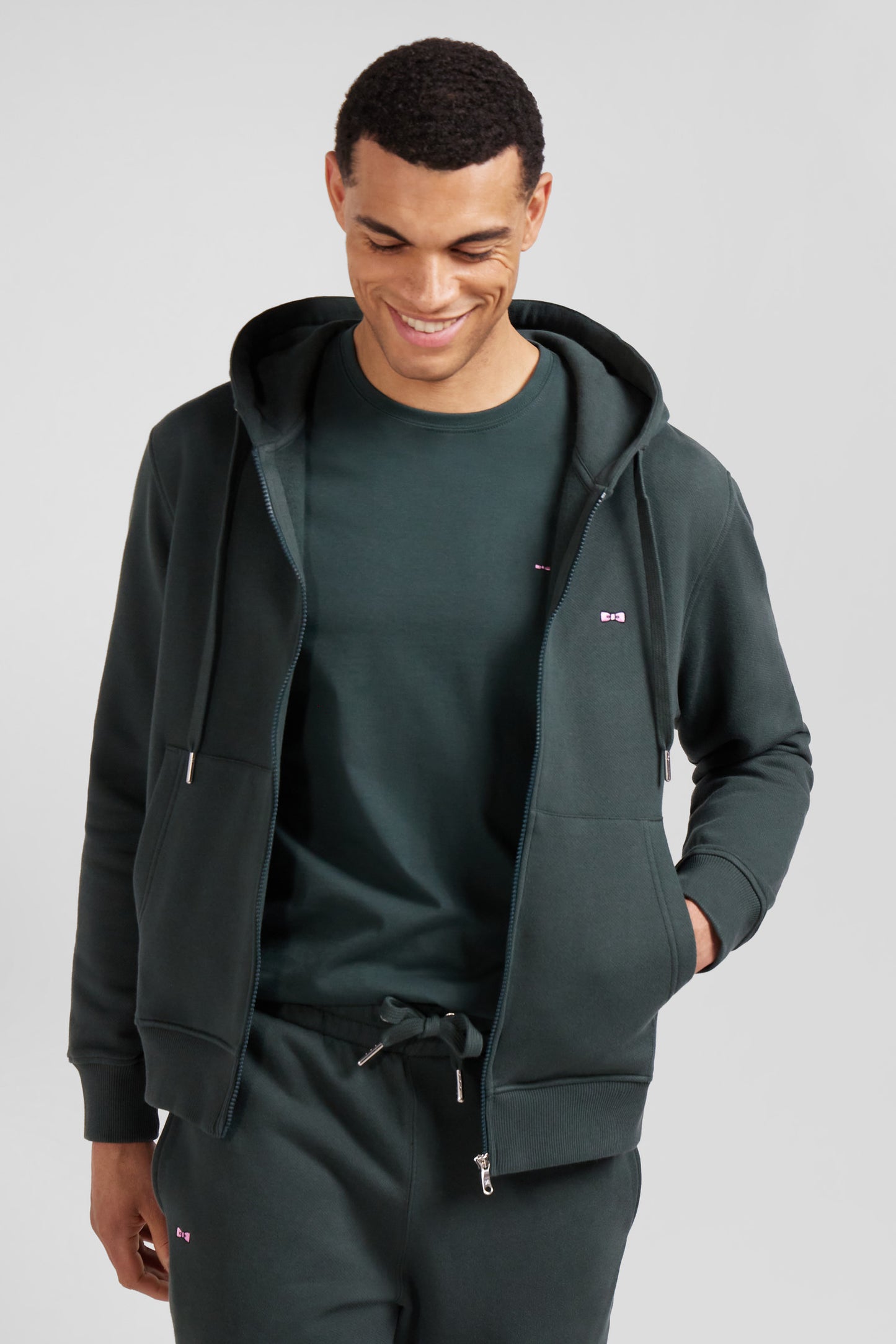 Regular green zipped brushed cotton fleece hoodie