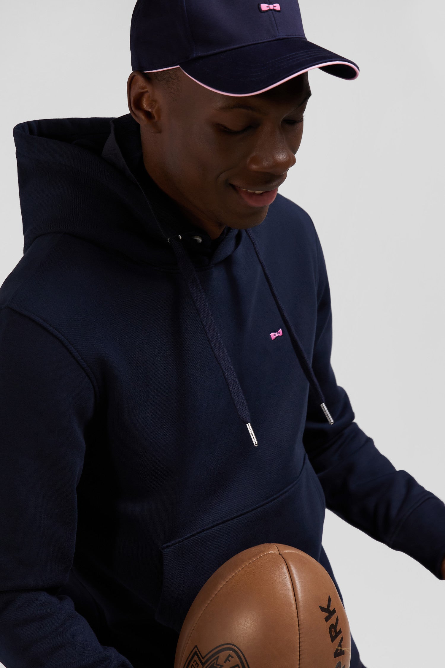 Regular navy blue brushed cotton fleece hoodie