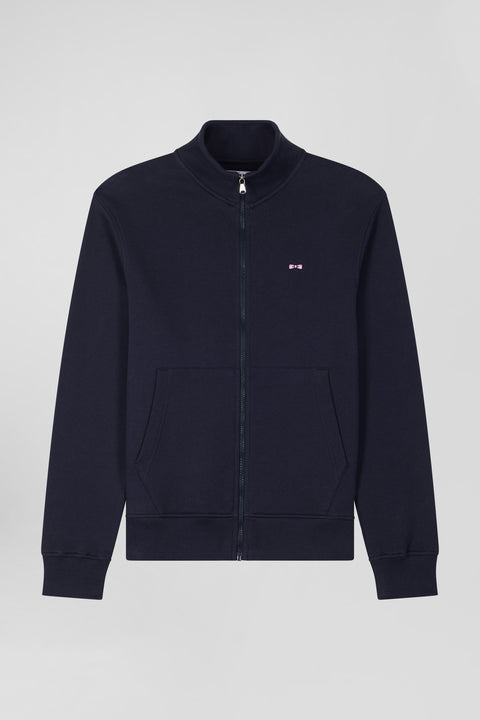 Regular navy zipped brushed cotton fleece with high top collar - Image 2