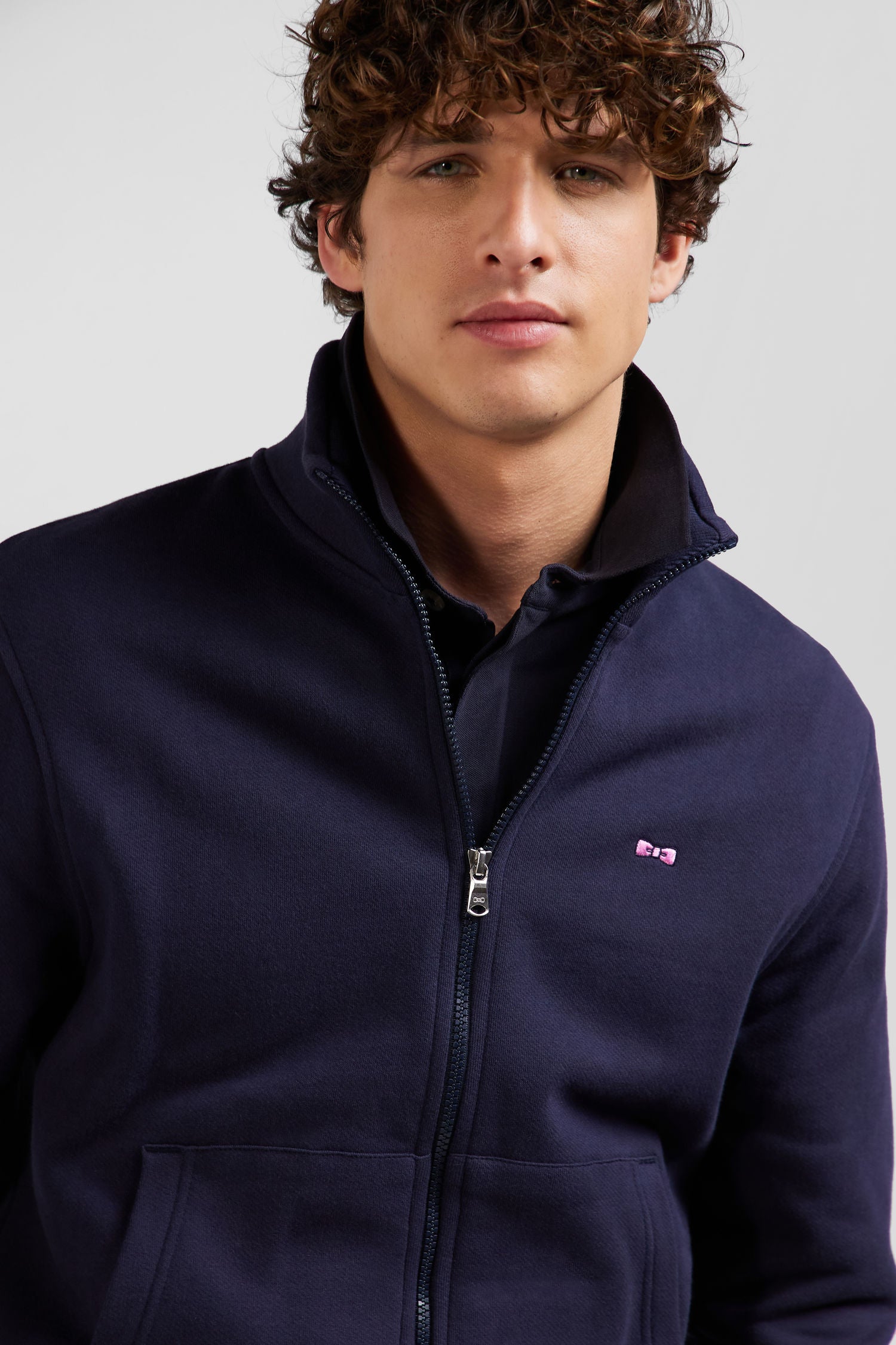 Regular navy zipped brushed cotton fleece with high top collar