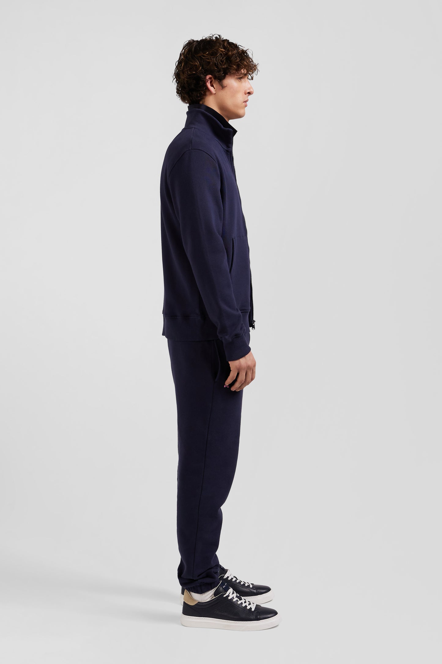 Regular navy zipped brushed cotton fleece with high top collar