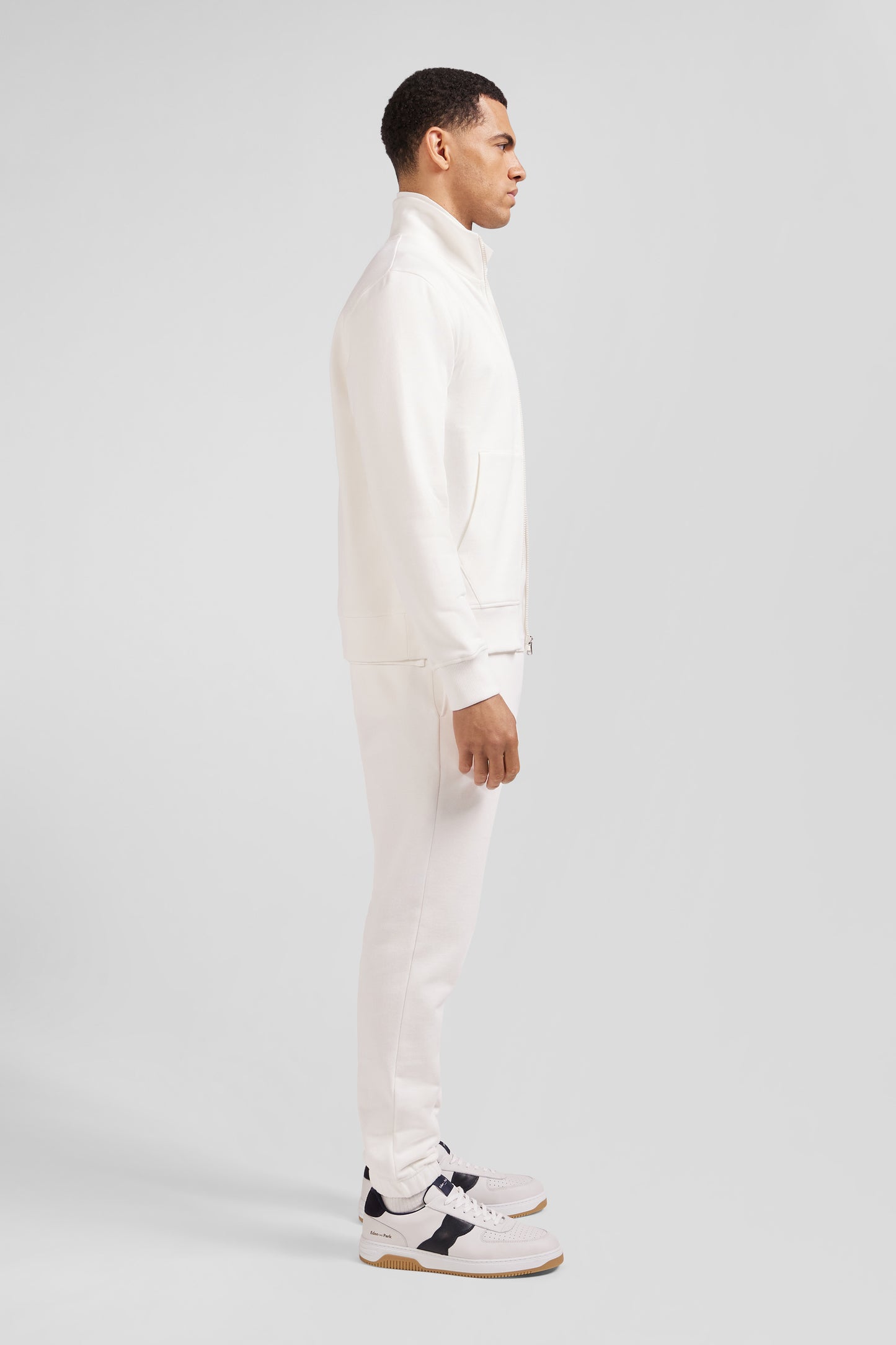 Regular ecru zipped brushed cotton fleece sweatshirt with high top collar