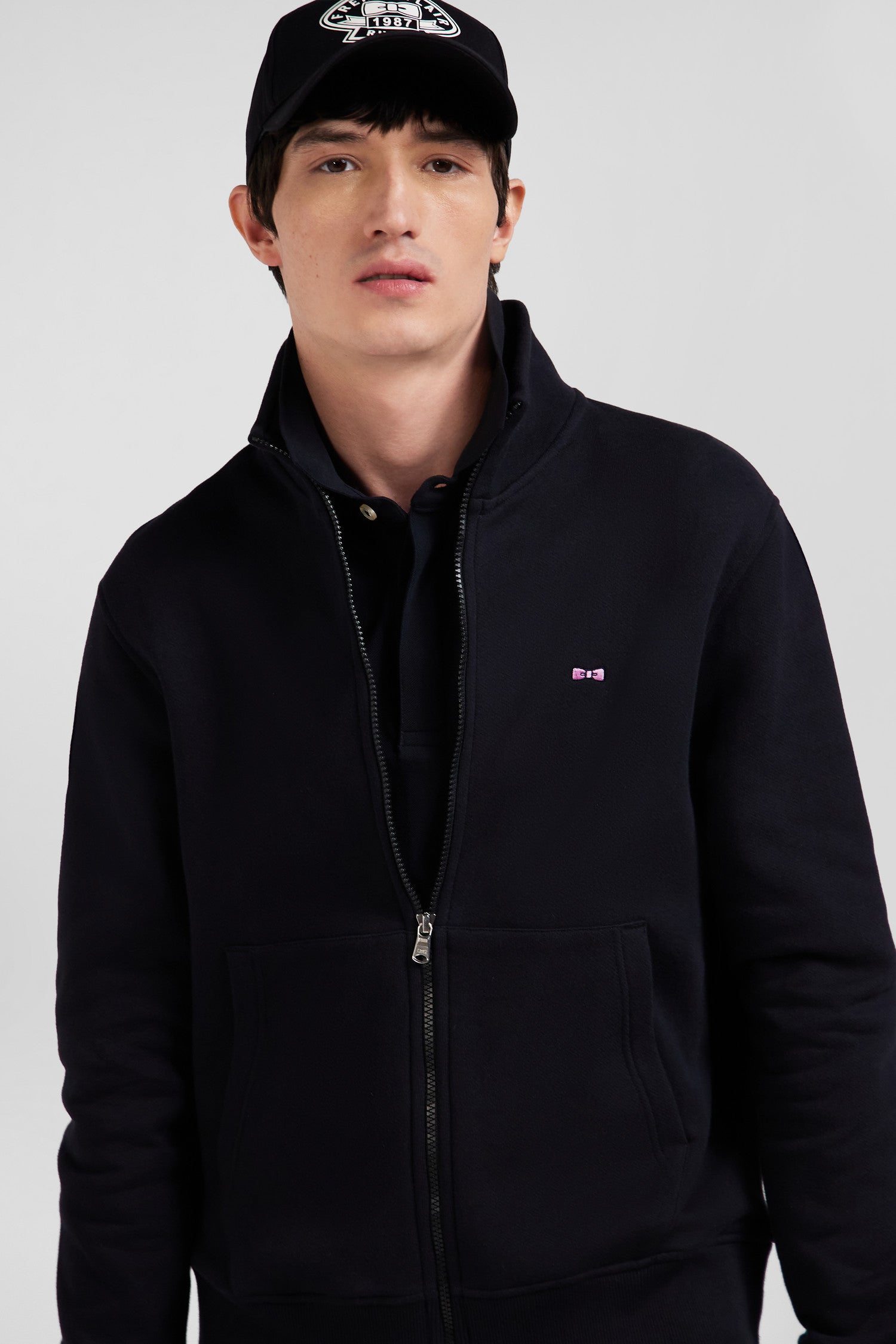 Regular black zipped brushed cotton fleece sweatshirt with high top collar