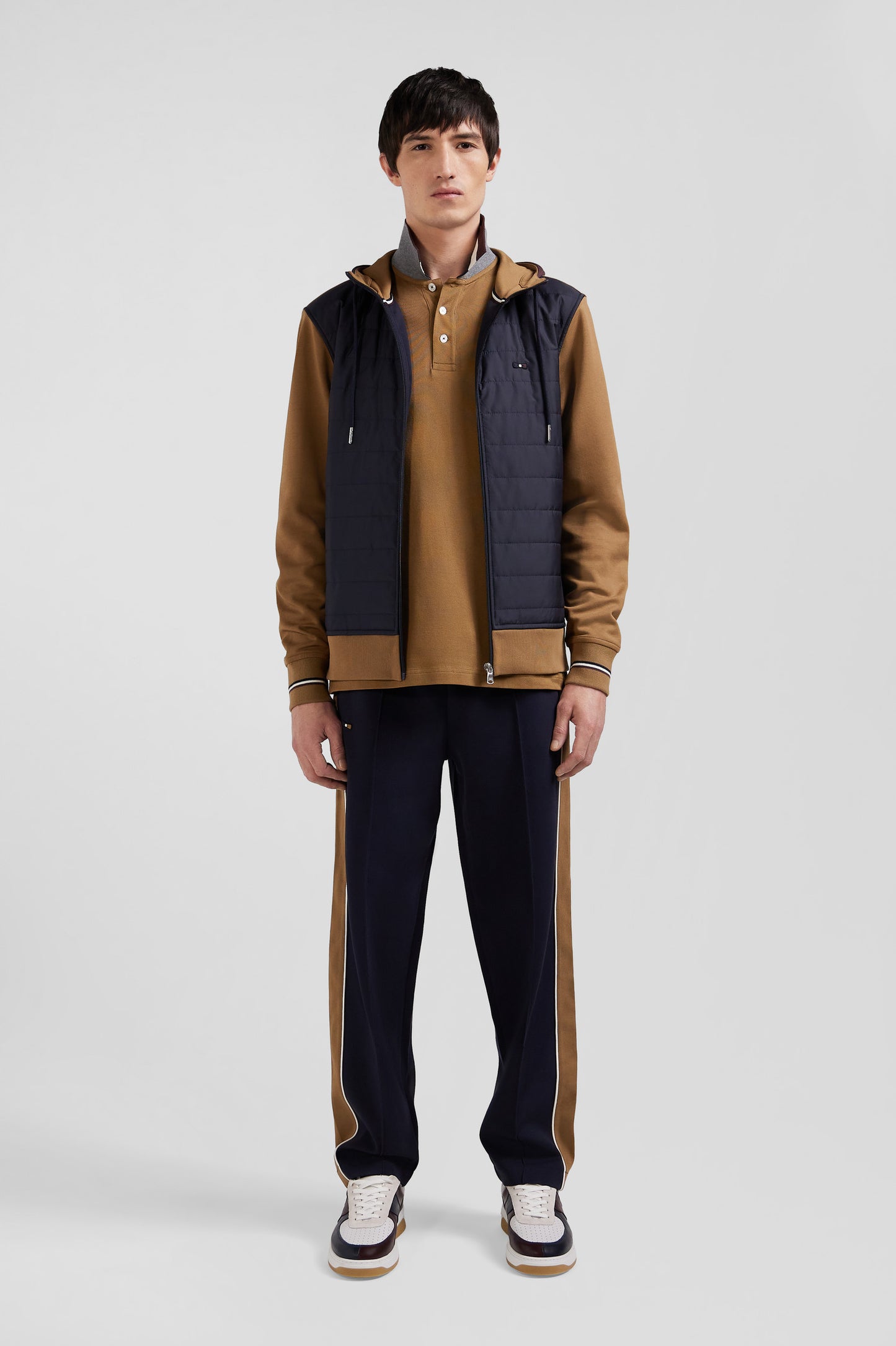 Two-material zip-up sweatshirt with quilted trim in hazelnut and navy Regular fit