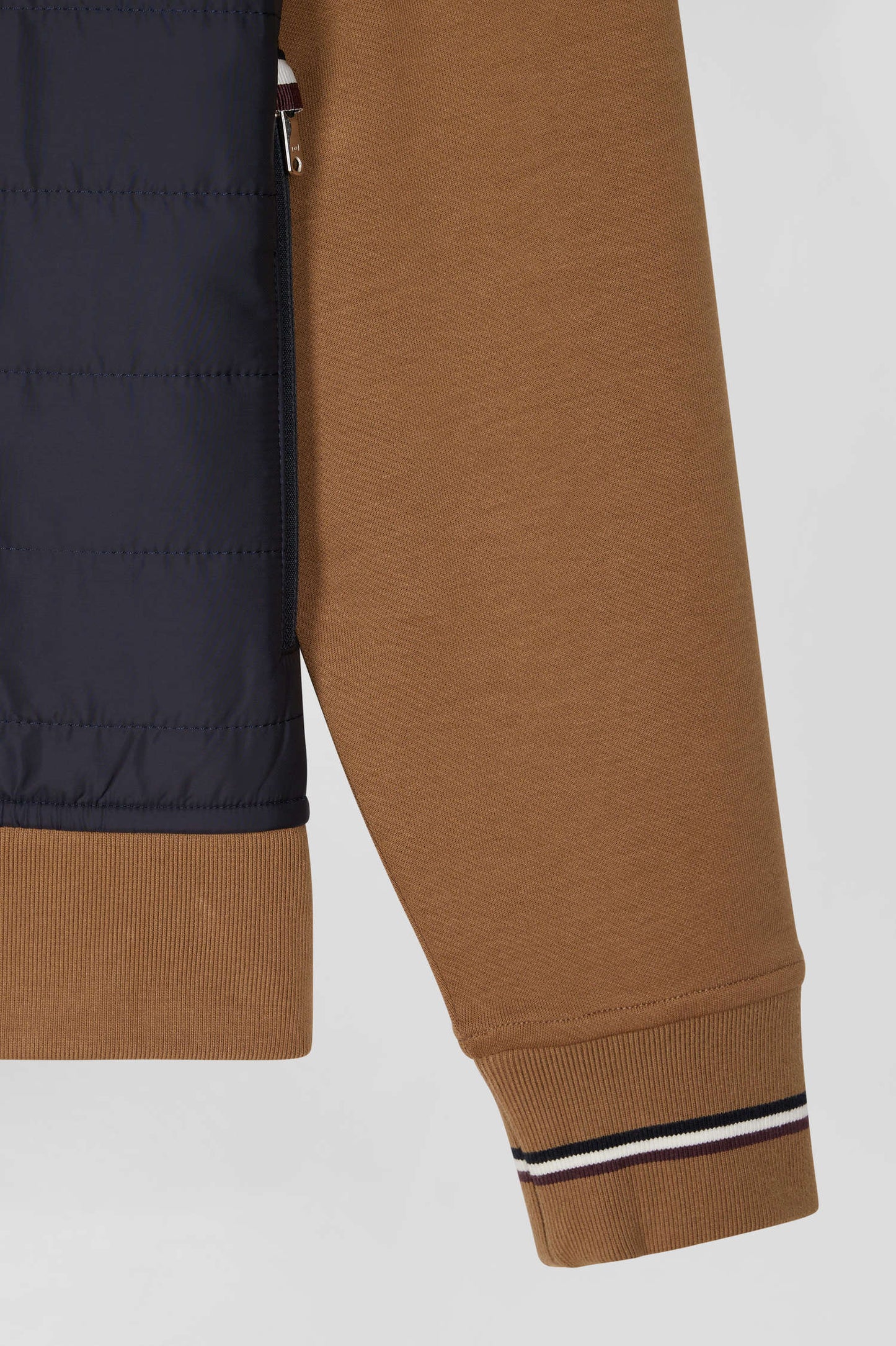 Two-material zip-up sweatshirt with quilted trim in hazelnut and navy Regular fit