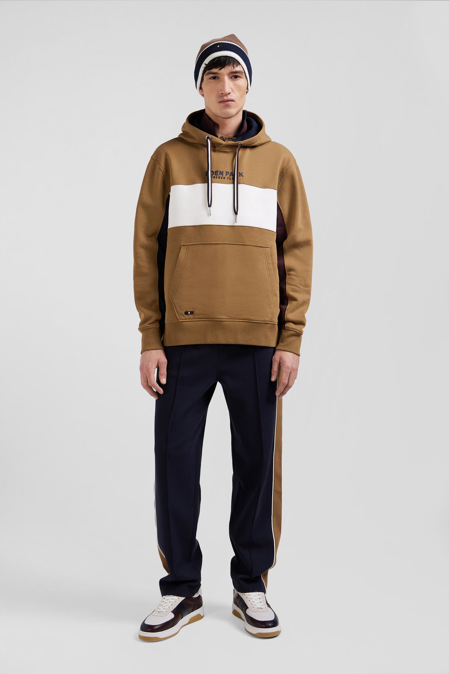 Relaxed camel colorblock cotton hoodie