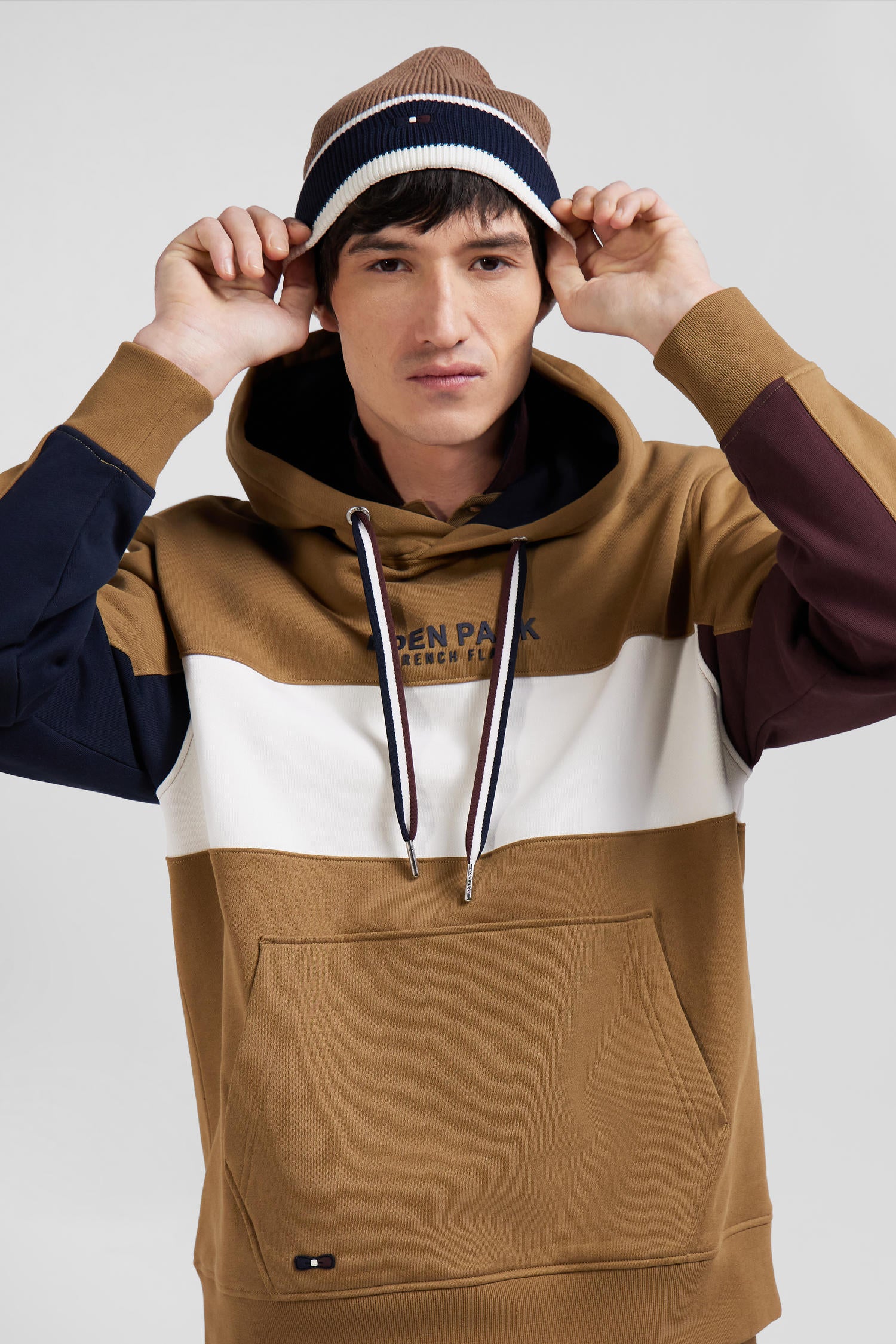 Relaxed camel colorblock cotton hoodie