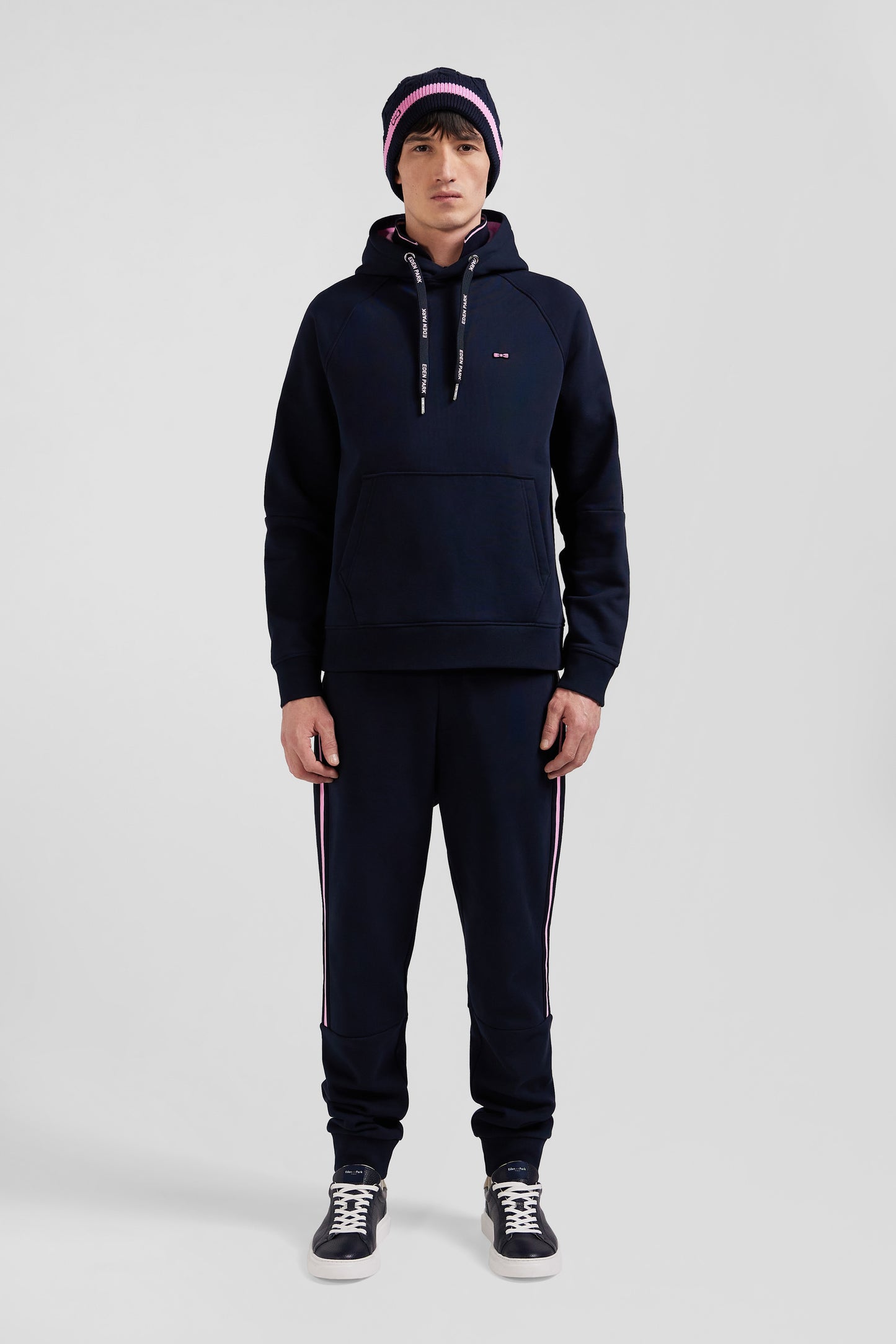 Relaxed navy blue fleece hoodie with branded drawstrings