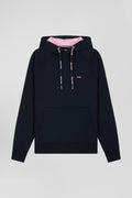 Relaxed navy blue fleece hoodie with branded drawstrings