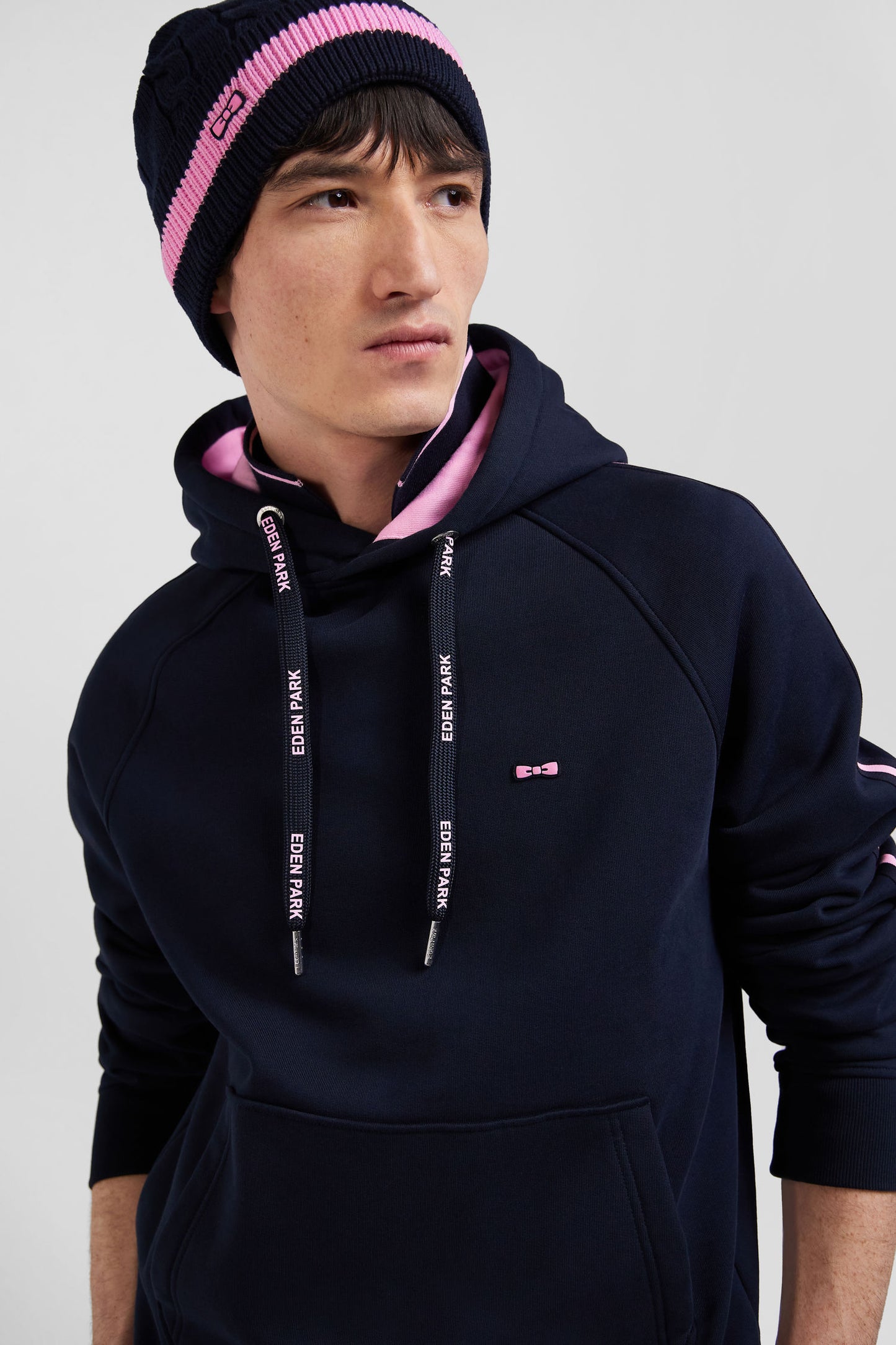 Relaxed navy blue fleece hoodie with branded drawstrings