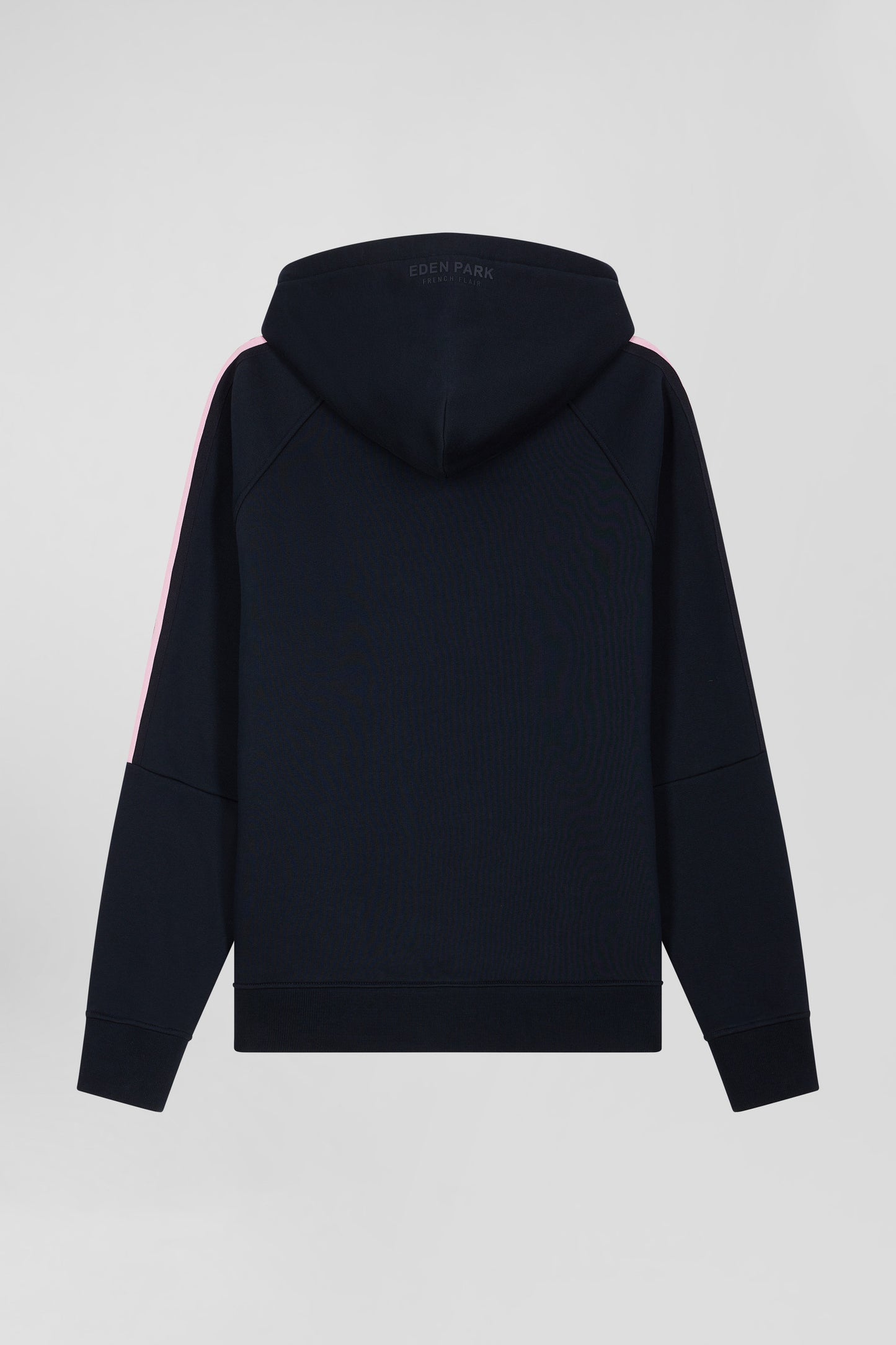 Relaxed navy blue fleece hoodie with branded drawstrings