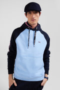 Relaxed navy and sky blue fleece hoodie with branded drawstrings