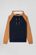 Relaxed navy blue and camel fleece hoodie with branded drawstrings