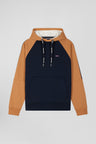 Relaxed navy blue and camel fleece hoodie with branded drawstrings