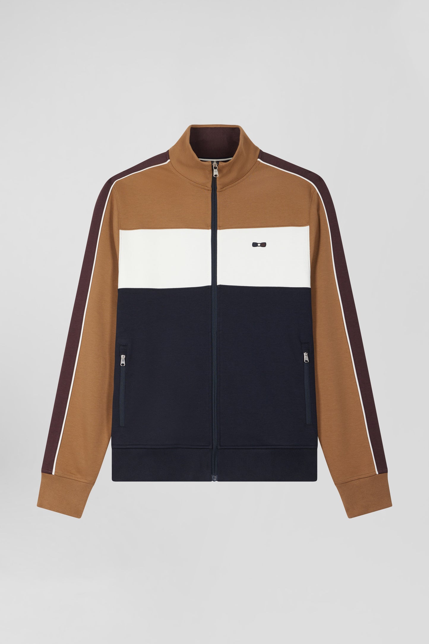 Colorblock zip-up sweatshirt in hazelnut cotton blend, regular fit